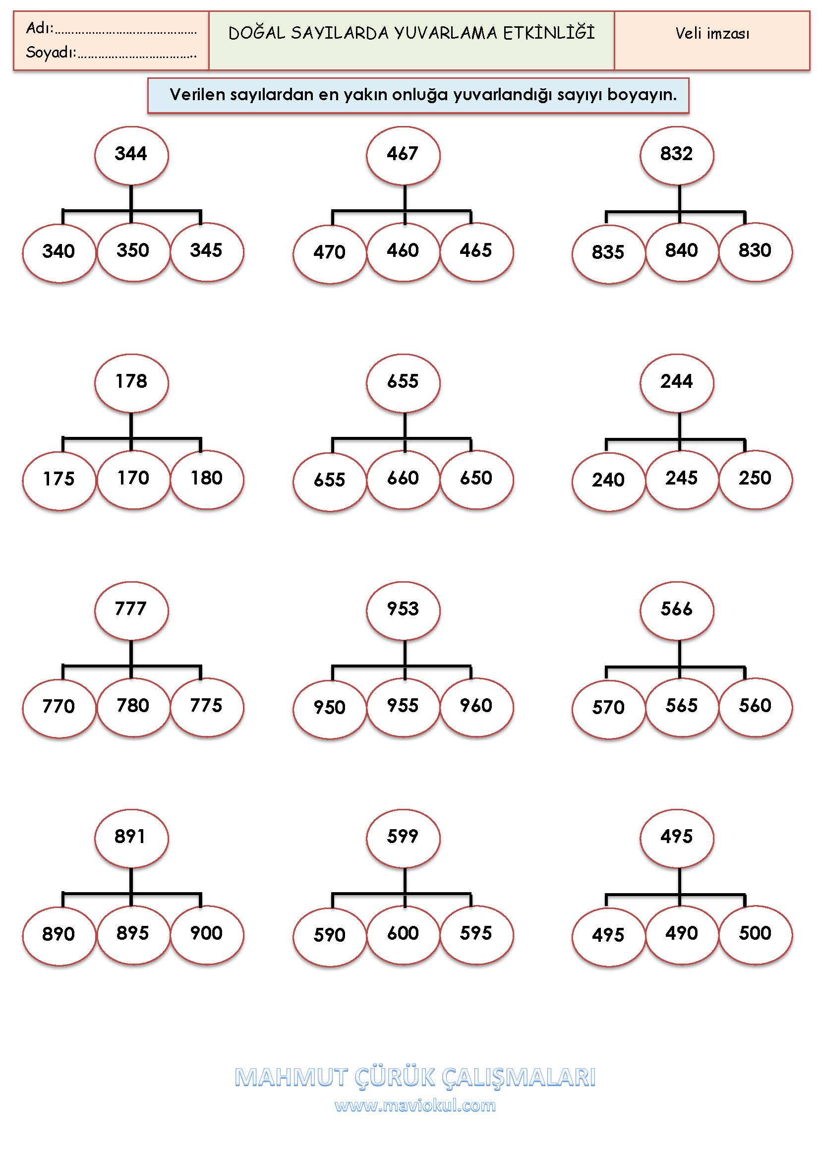 3. Sınıf Matematik Doğal Sayılarda Yuvarlama Etkinliği