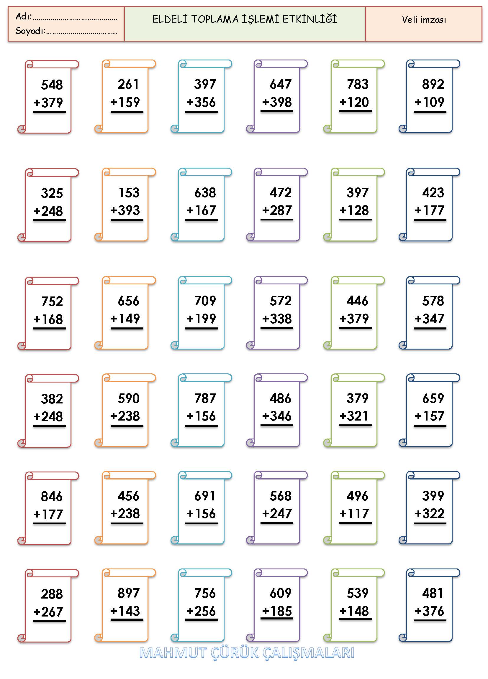 3. Sınıf Matematik Eldeli Toplama İşlemi Etkinliği