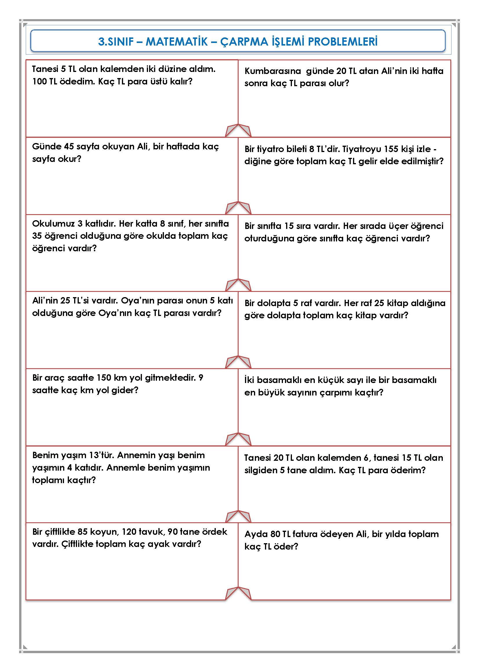 3. Sınıf Matematik Çarpma İşlemi Problemleri