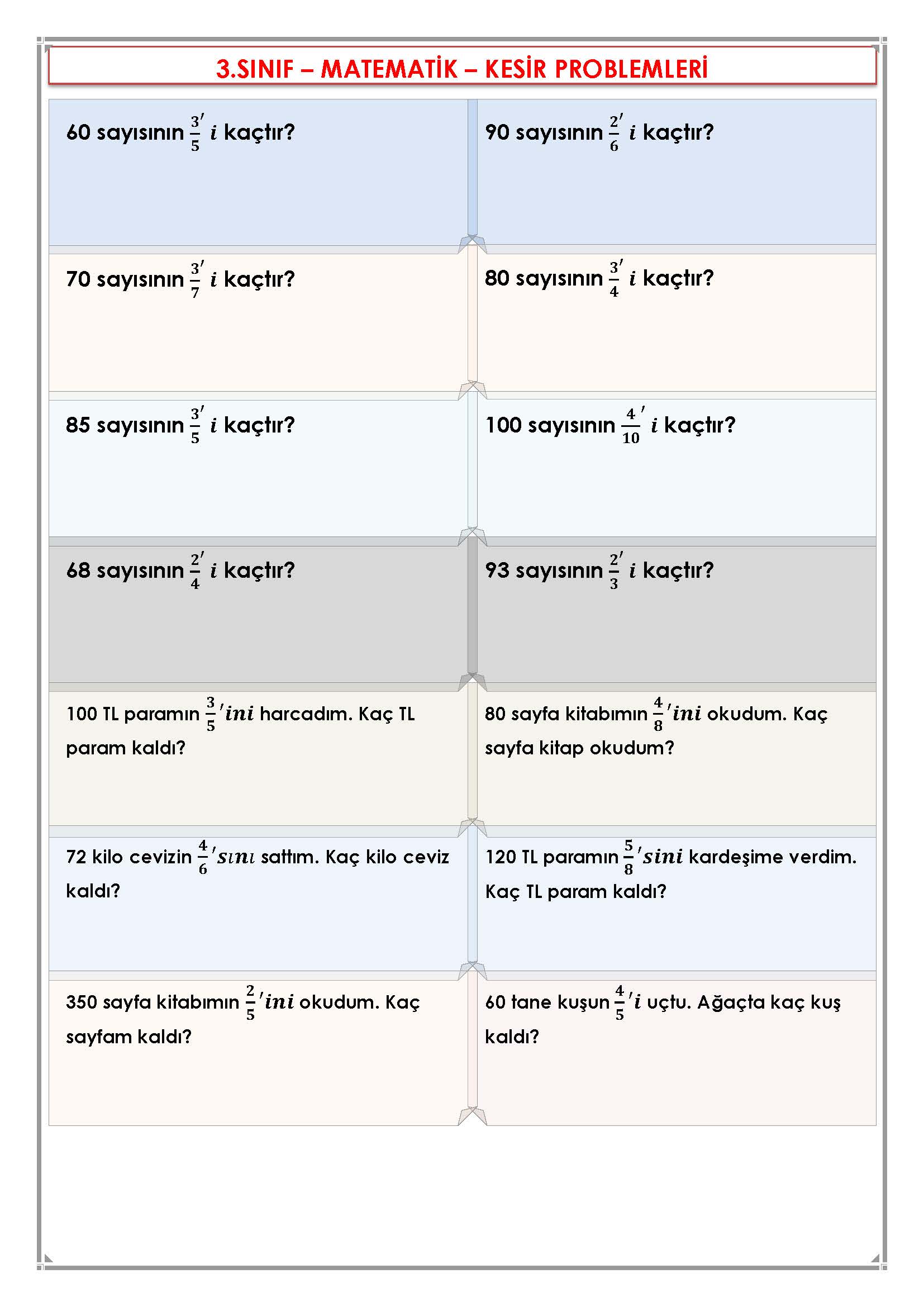 3. Sınıf Matematik Kesir Problemleri -1