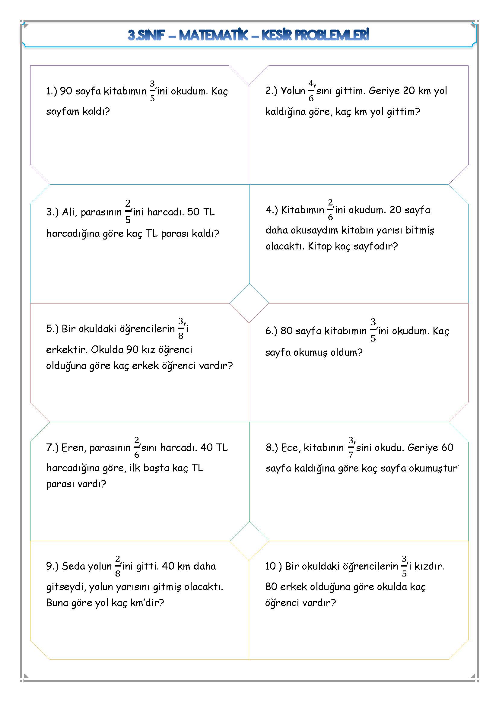 3. Sınıf Matematik Kesir Problemleri