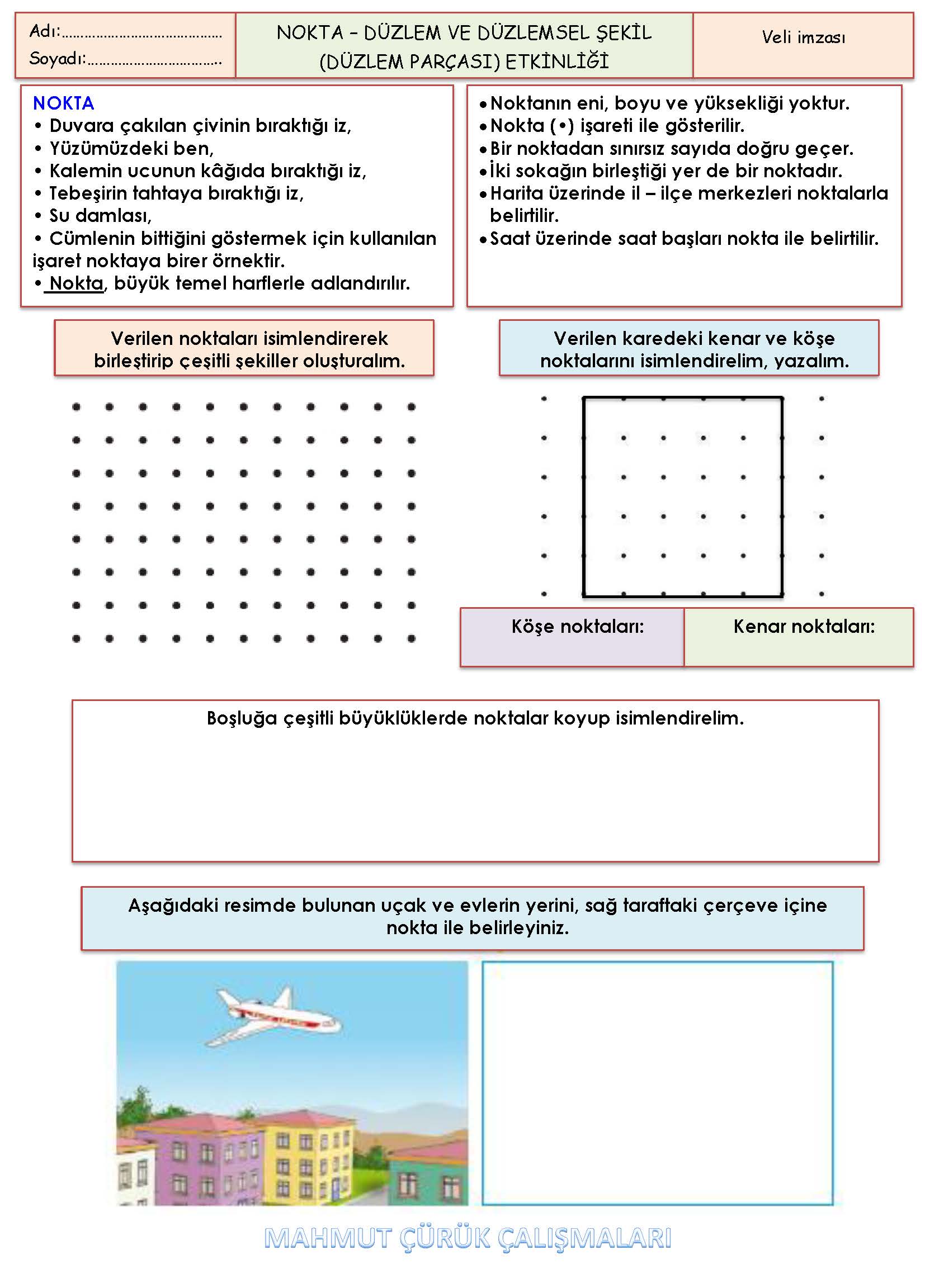 3. Sınıf Matematik Nokta - Düzlem ve Düzlemsel Şekiller Etkinliği