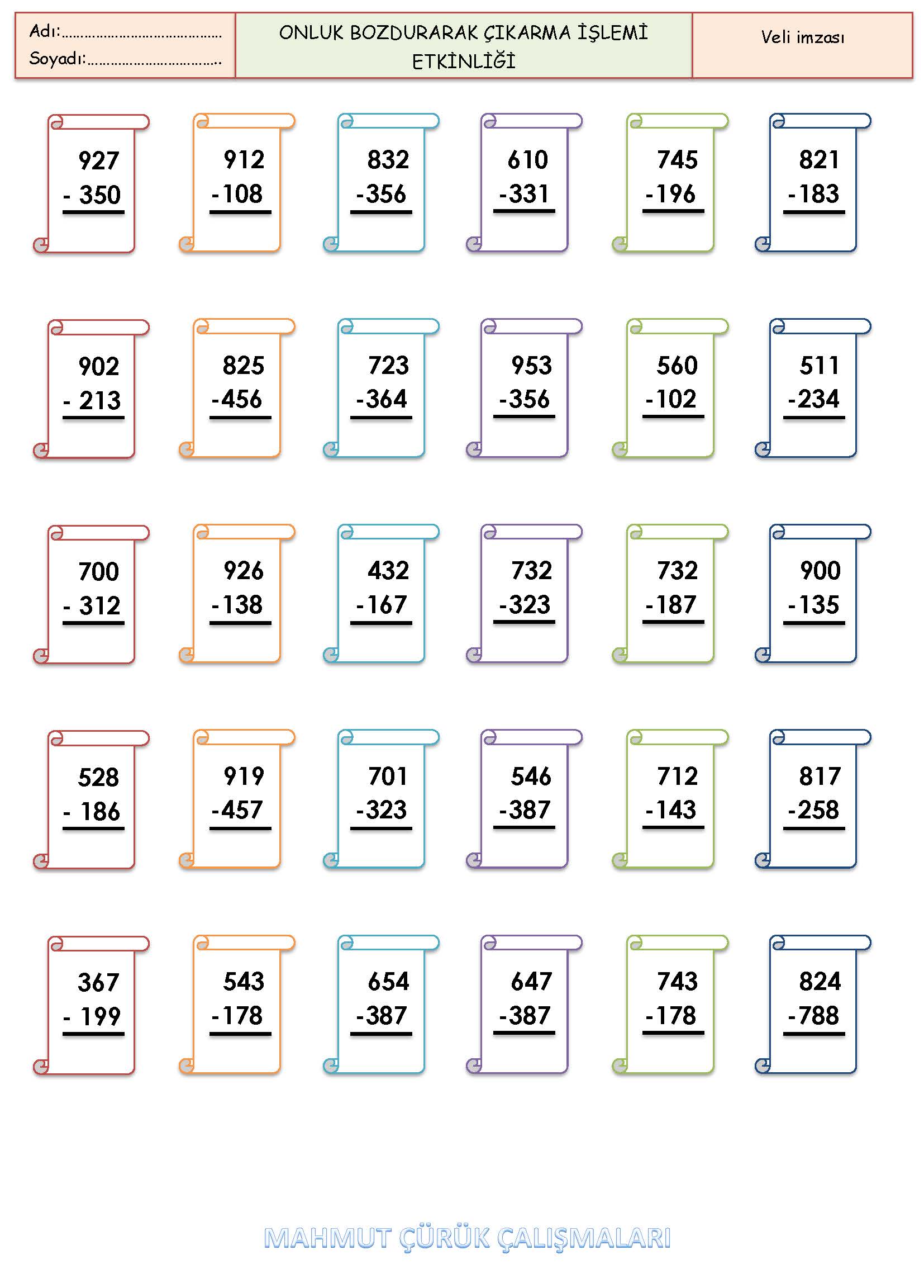 3. Sınıf Matematik Onluk Bozdurarak Çıkarma İşlemi Etkinliği