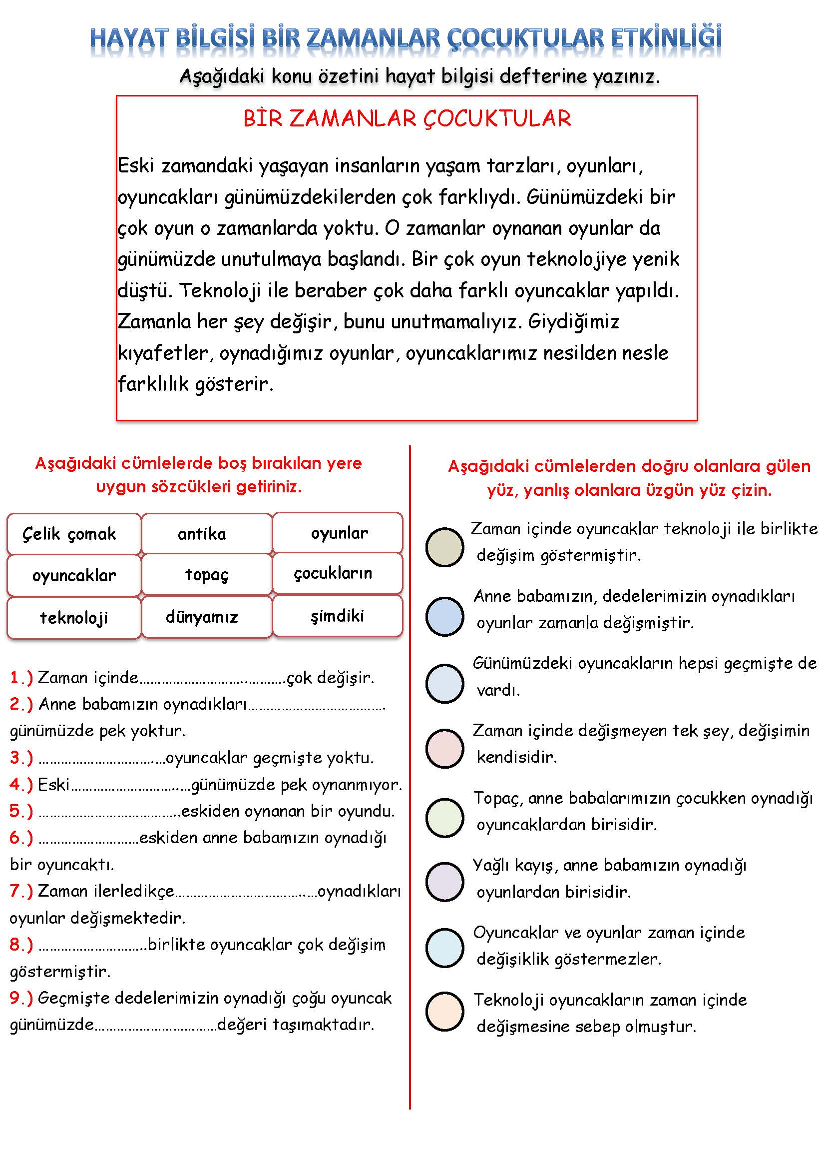 3. Sınıf Hayat Bilgisi Bir Zamanlar Çocuktular Etkinliği