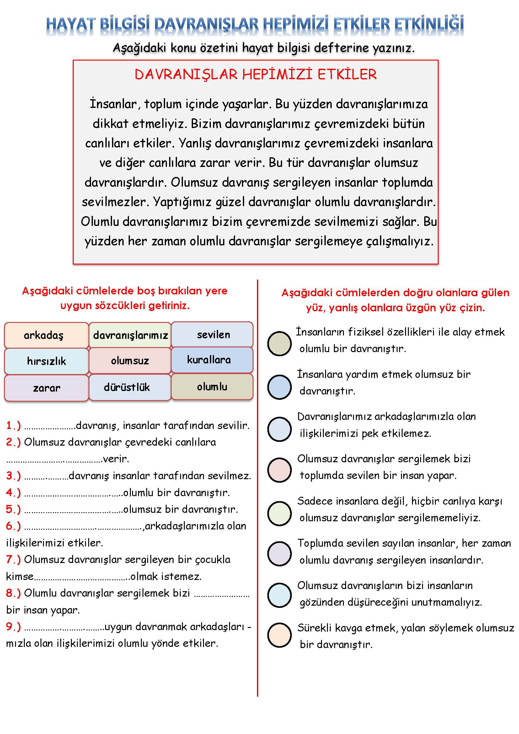 3. Sınıf Hayat Bilgisi Davranışlar Hepimizi Etkiler Etkinliği