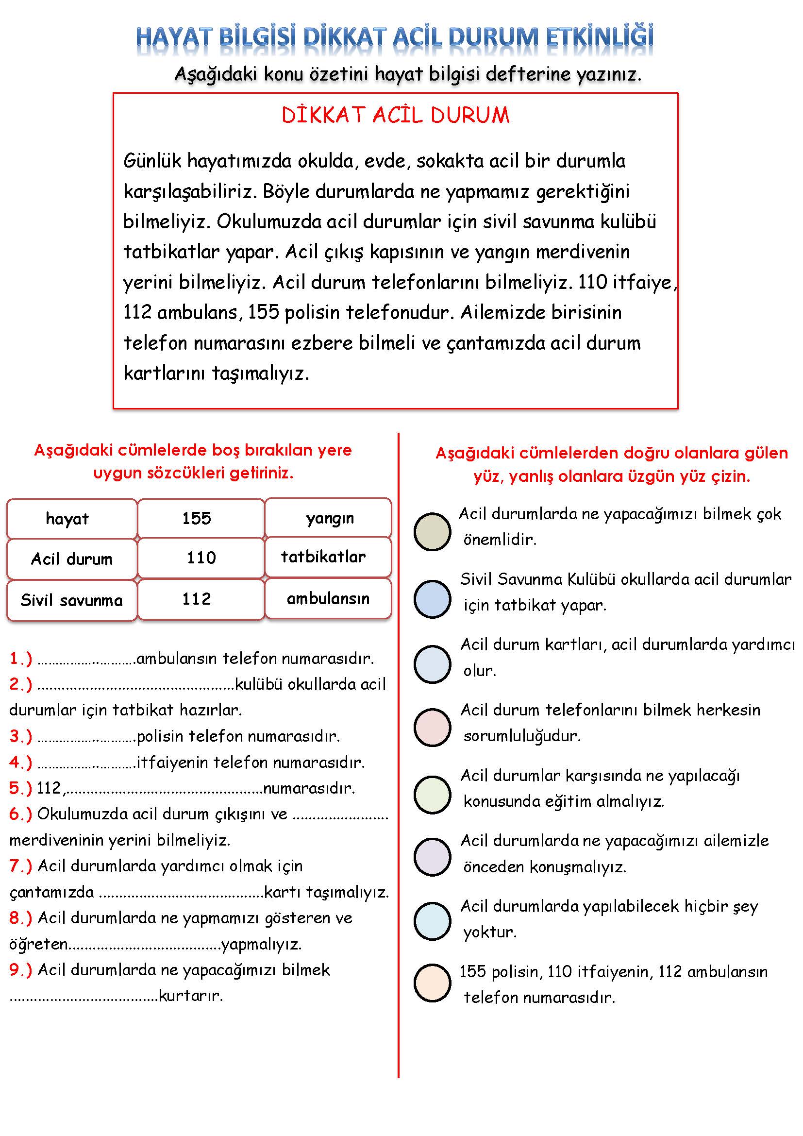 3. Sınıf Hayat Bilgisi Dikkat Acil Durum Etkinliği