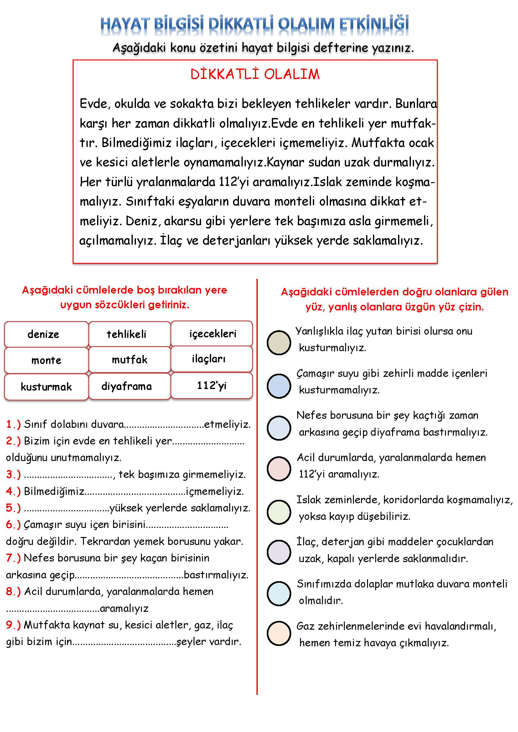 3. Sınıf Hayat Bilgisi Dikkatli Olalım Etkinliği