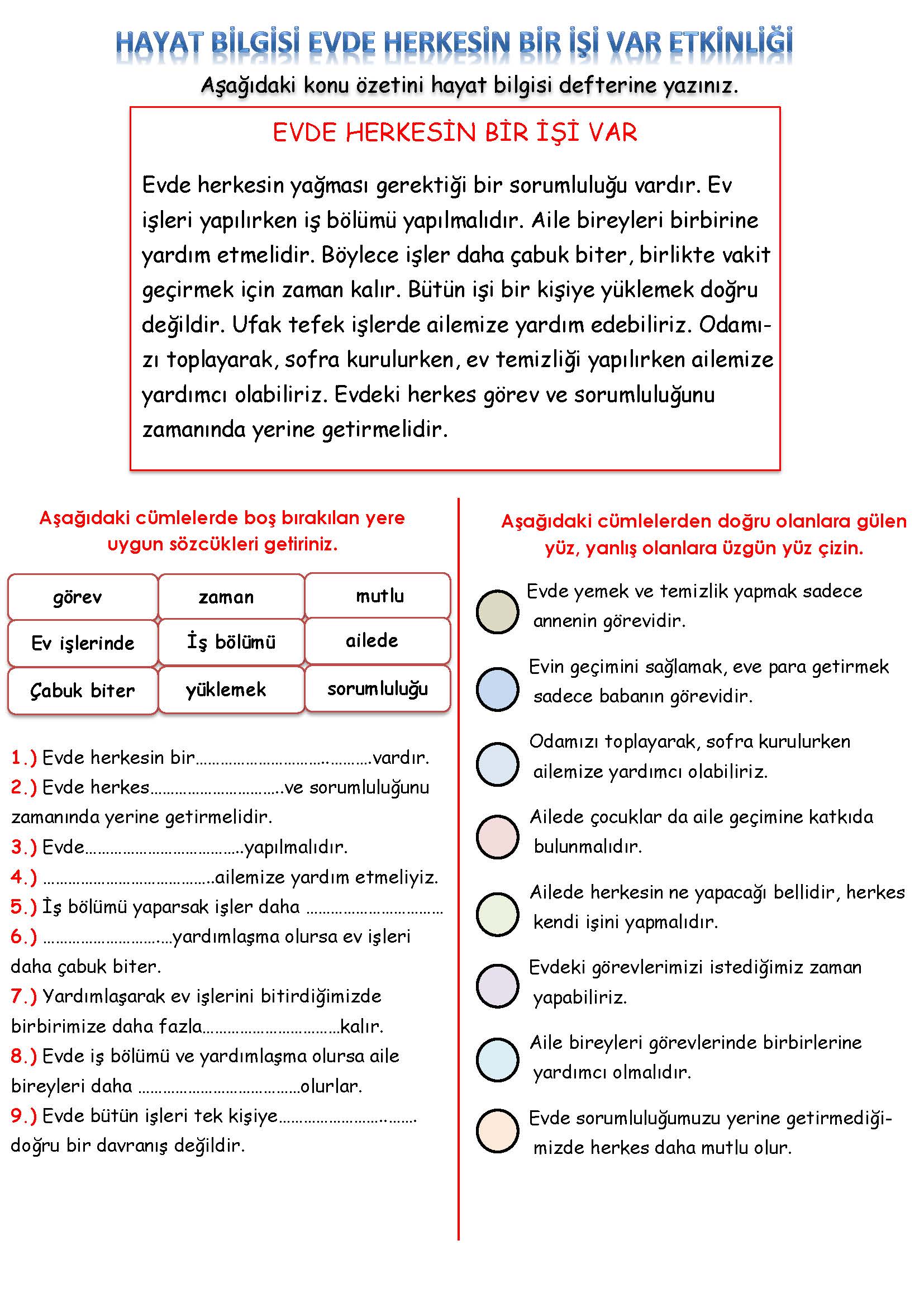 3. Sınıf Hayat Bilgisi Evde Herkesin Bir İşi Var Etkinliği