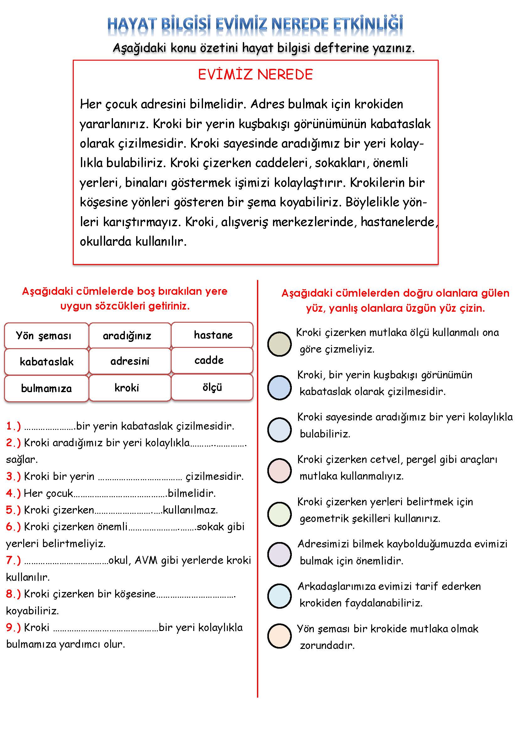 3. Sınıf Hayat Bilgisi Evimiz Nerede Etkinliği