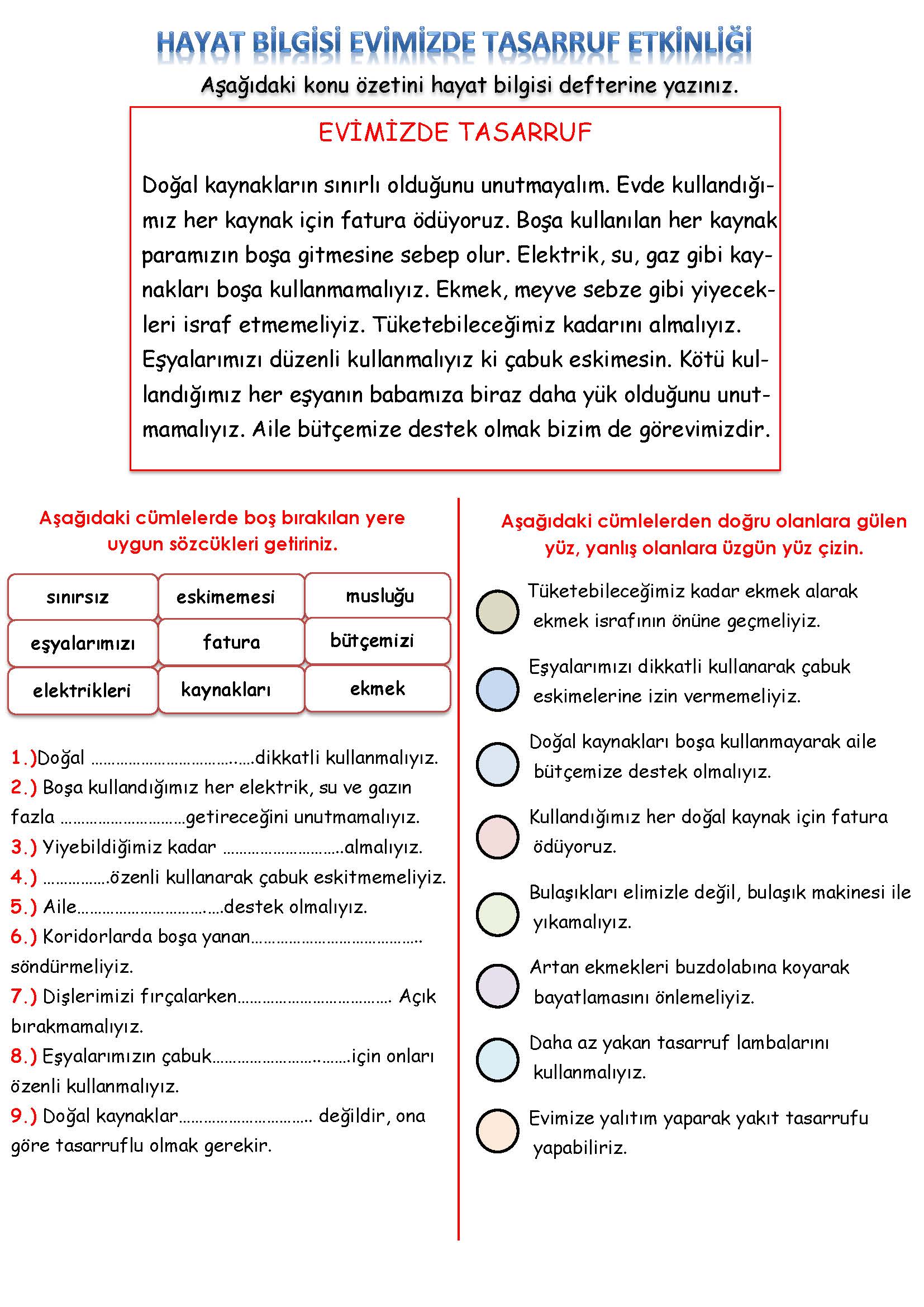 3. Sınıf Hayat Bilgisi Evimizde Tasarruf Etkinliği