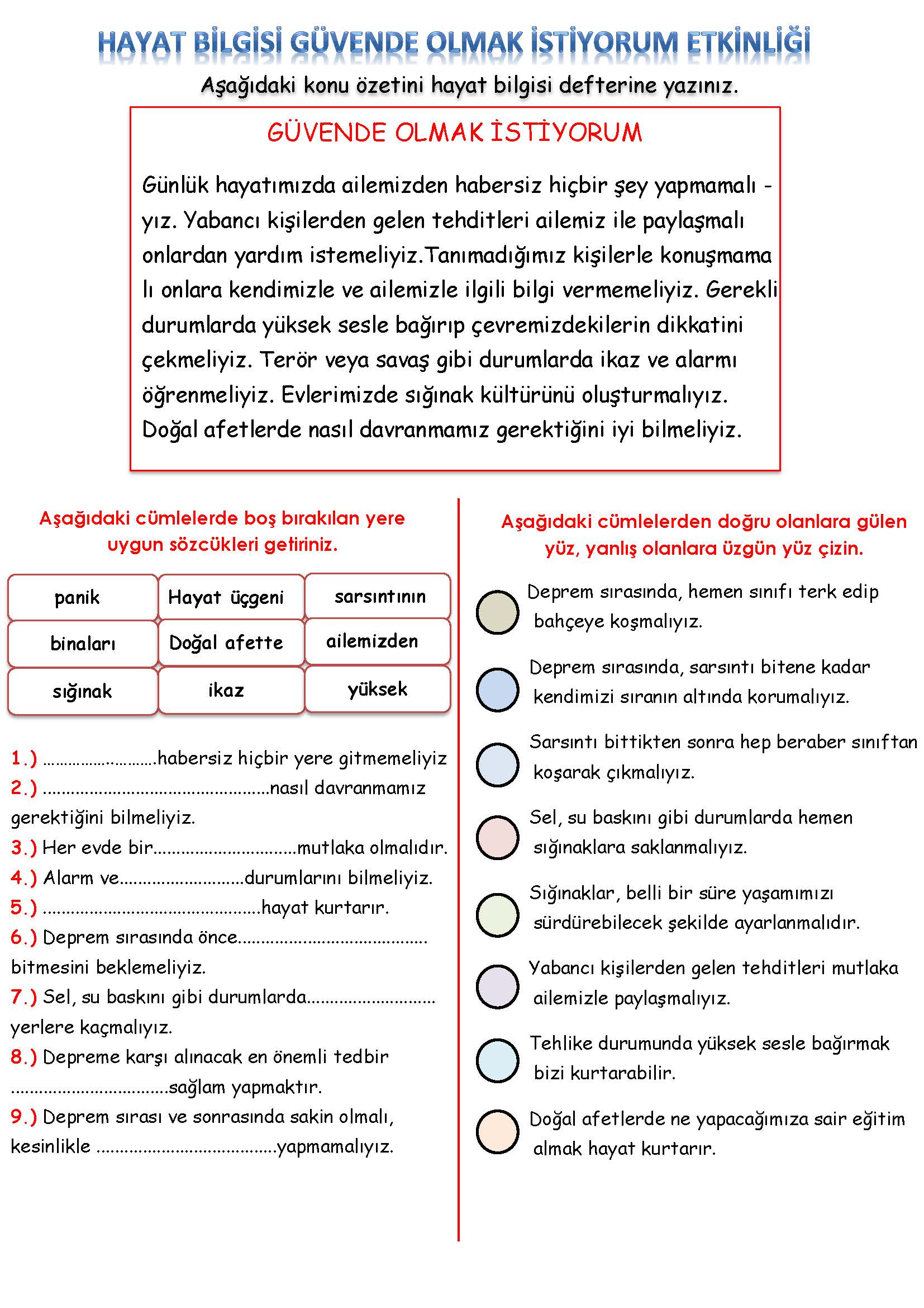 3. Sınıf Hayat Bilgisi Güvende Olmak İstiyorum Etkinliği