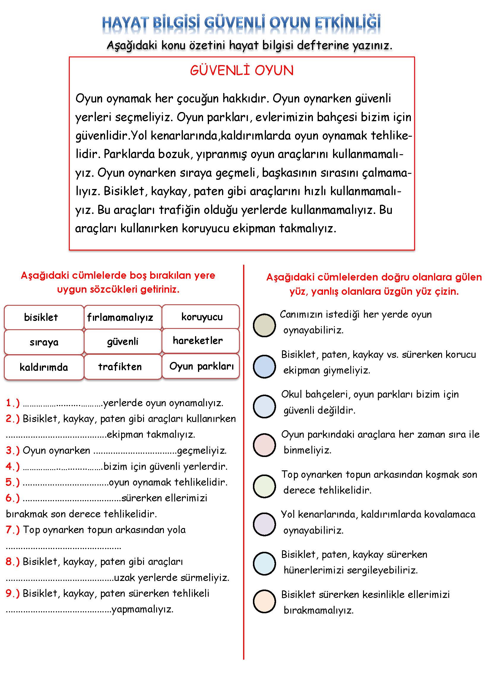 3. Sınıf Hayat Bilgisi Güvenli Oyun Etkinliği