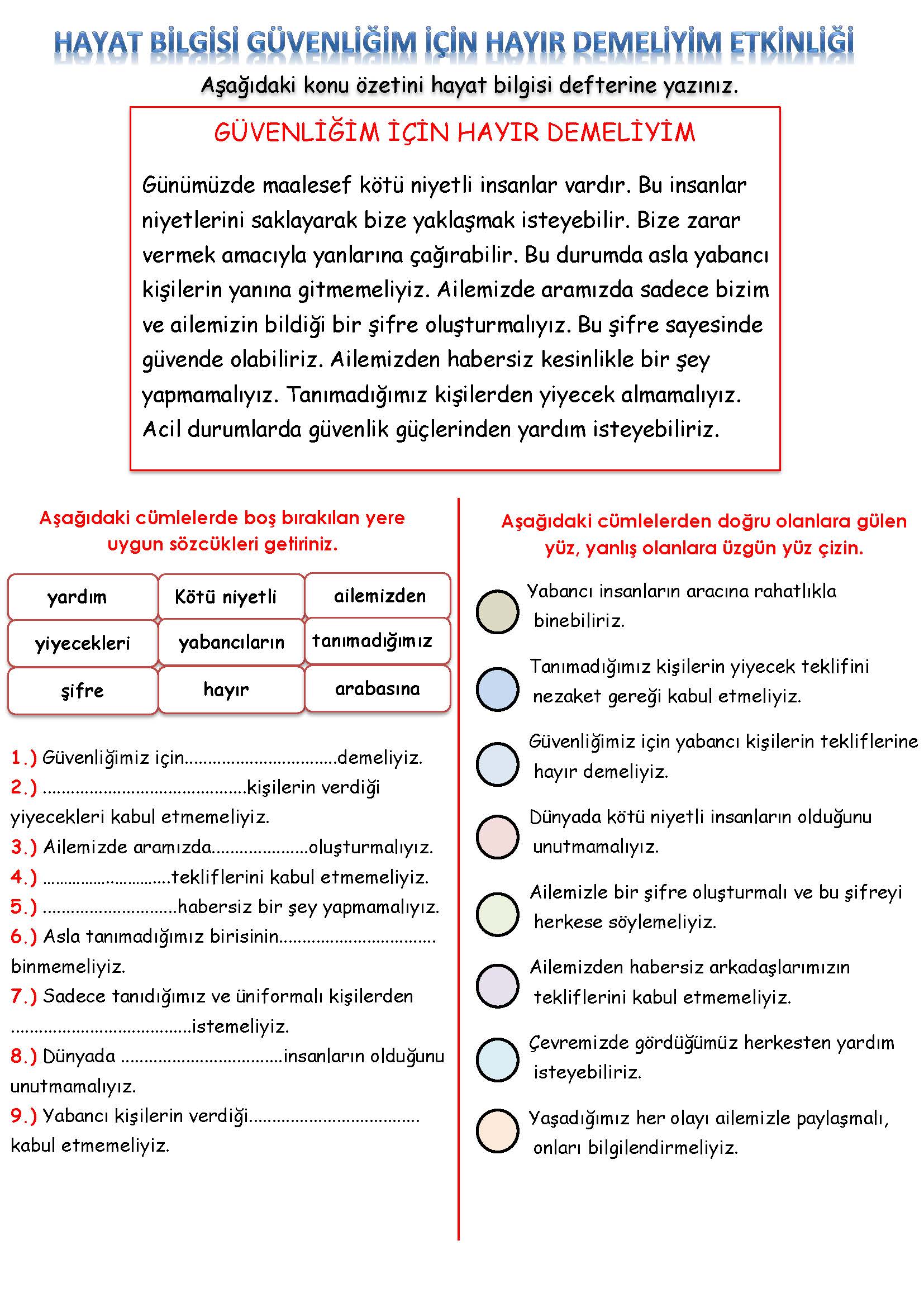 3. Sınıf Hayat Bilgisi Güvenliğim İçin Hayır Demeliyim Etkinliği