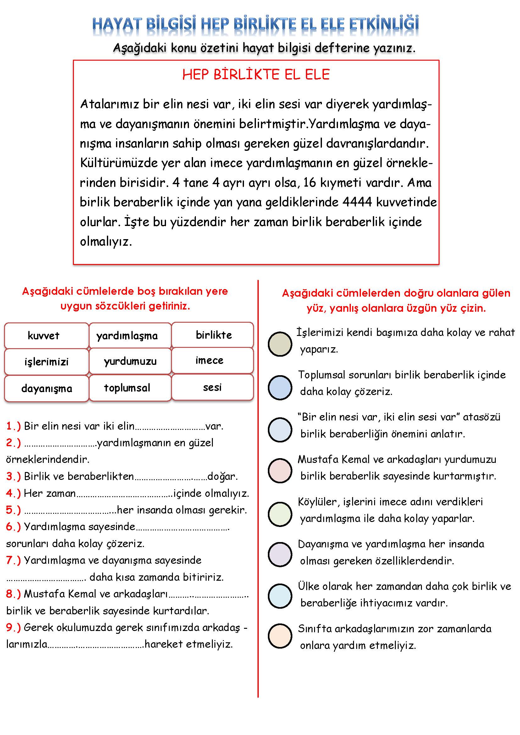 3. Sınıf Hayat Bilgisi Hep Birlikte El Ele Etkinliği