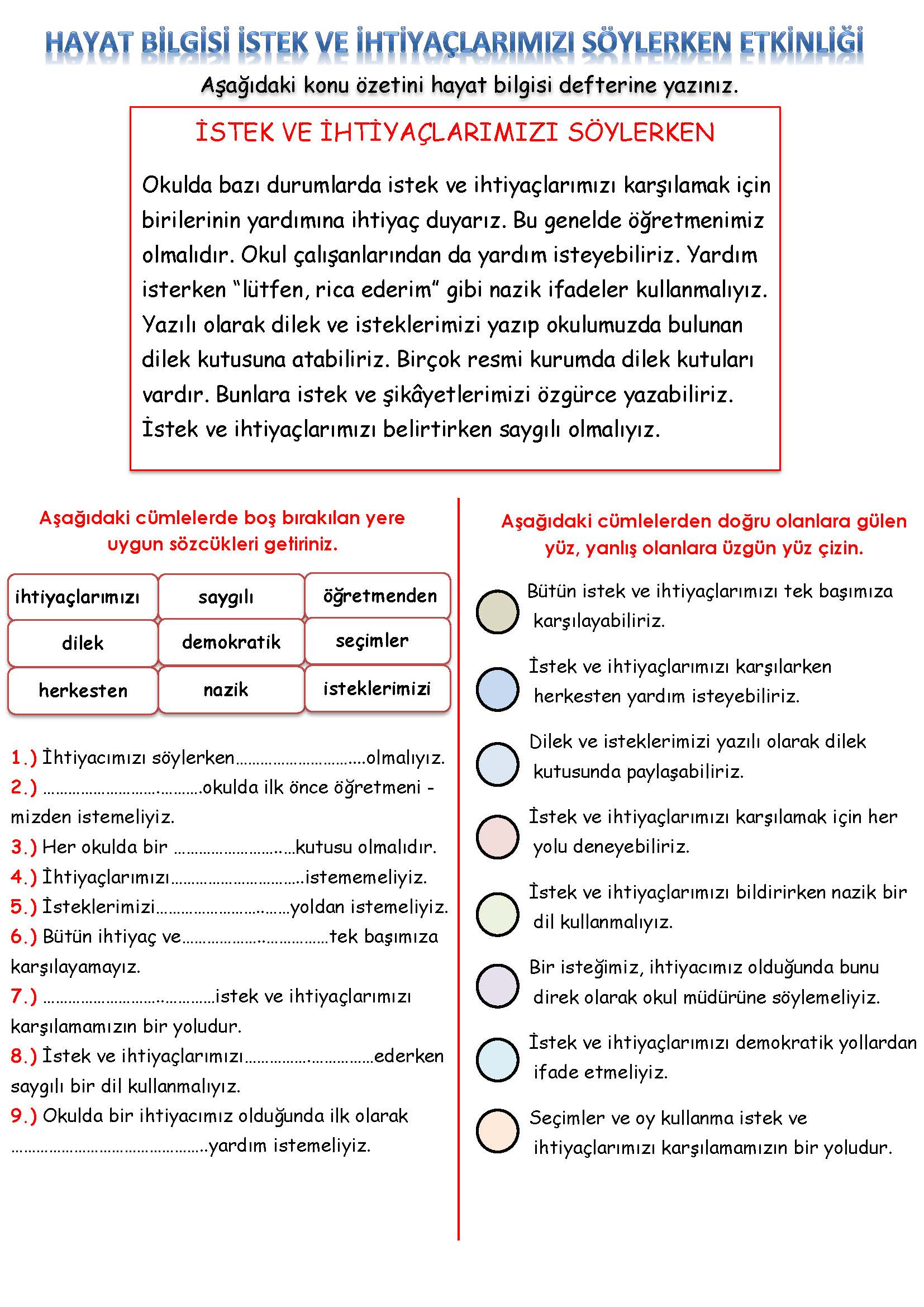 3. Sınıf Hayat Bilgisi İstek ve İhtiyaçlarımızı Söylerken Etkinliği