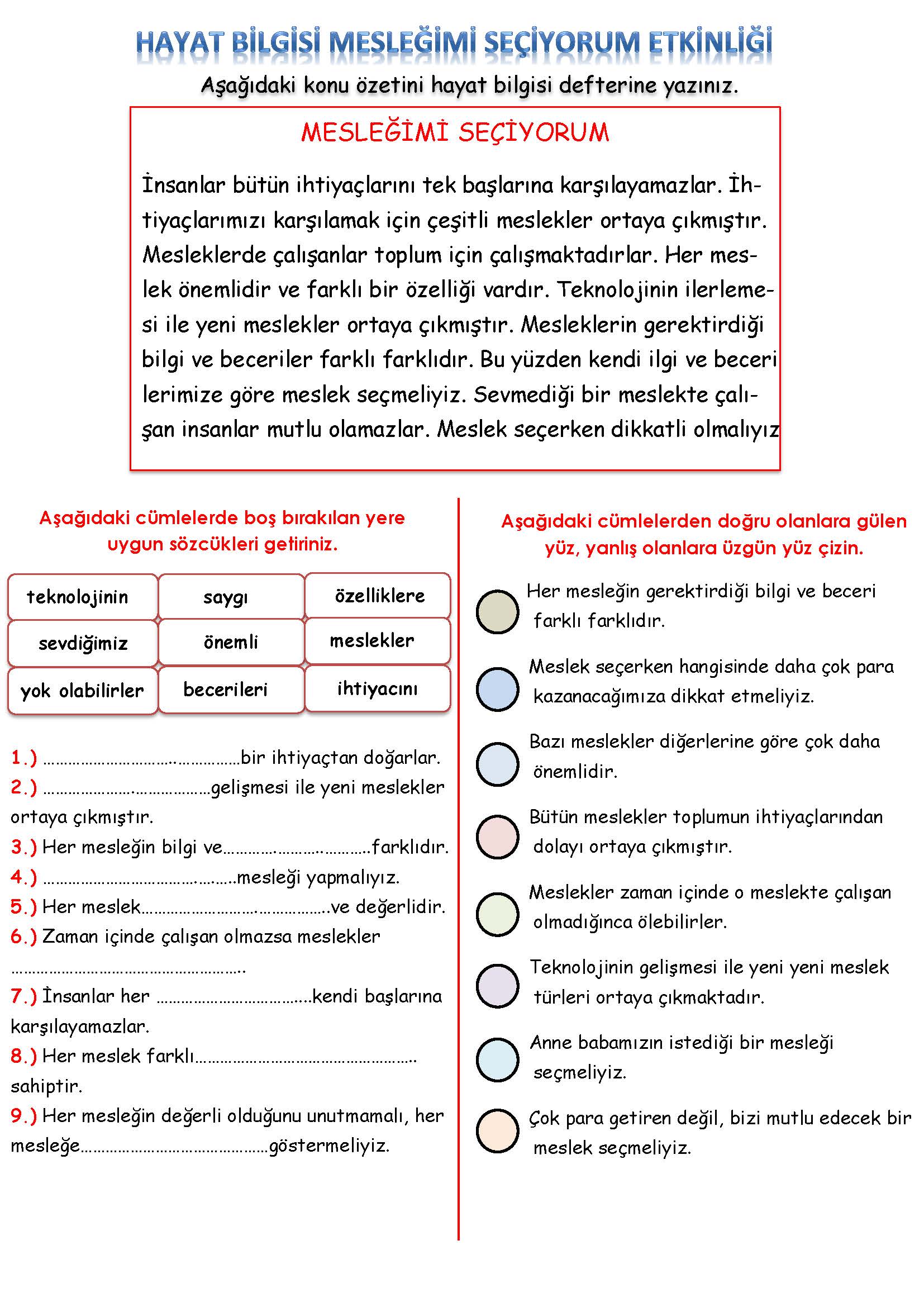 3. Sınıf Hayat Bilgisi Mesleğimi Seçiyorum Etkinliği