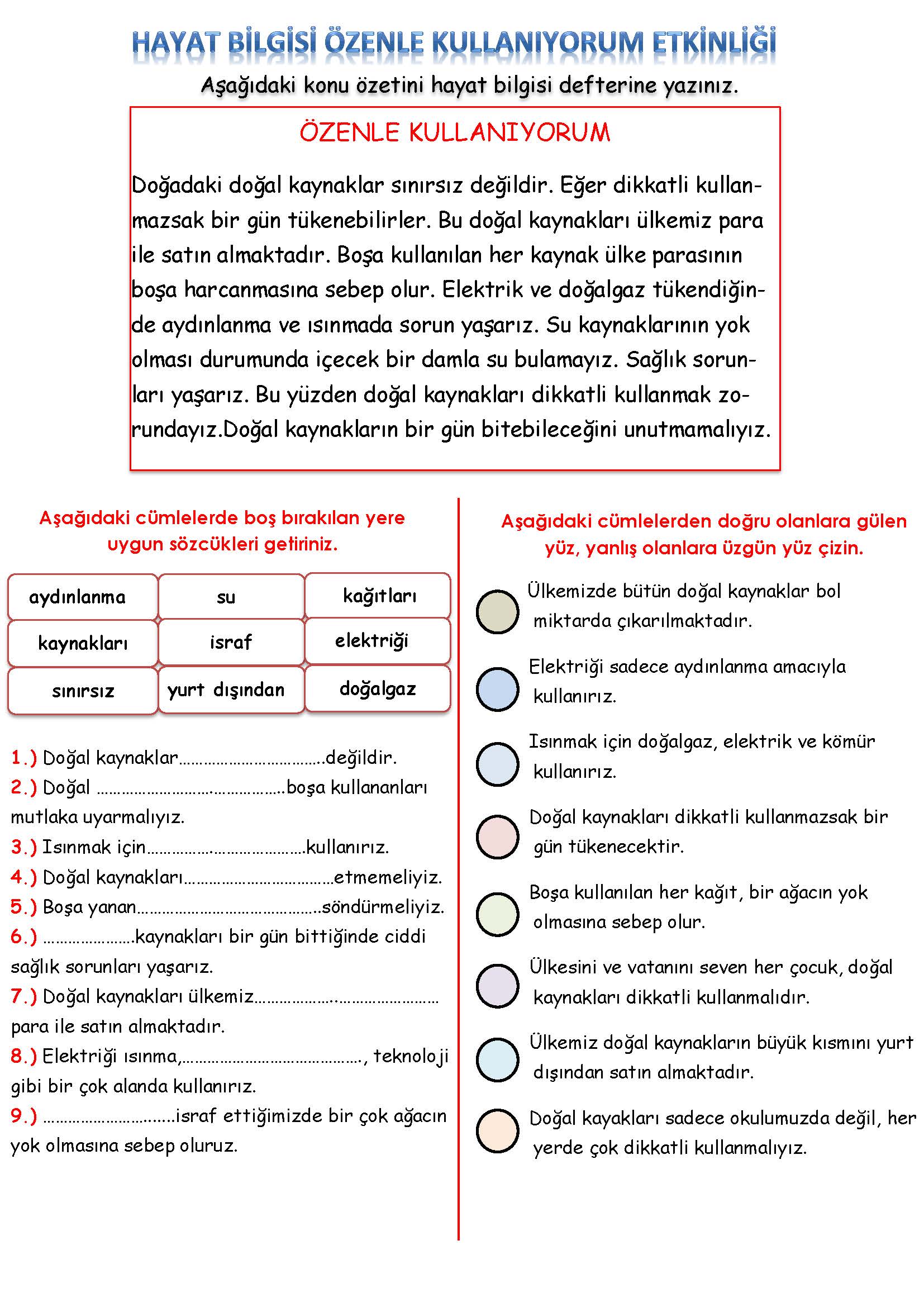 3. Sınıf Hayat Bilgisi Özenle Kullanalım Etkinliği