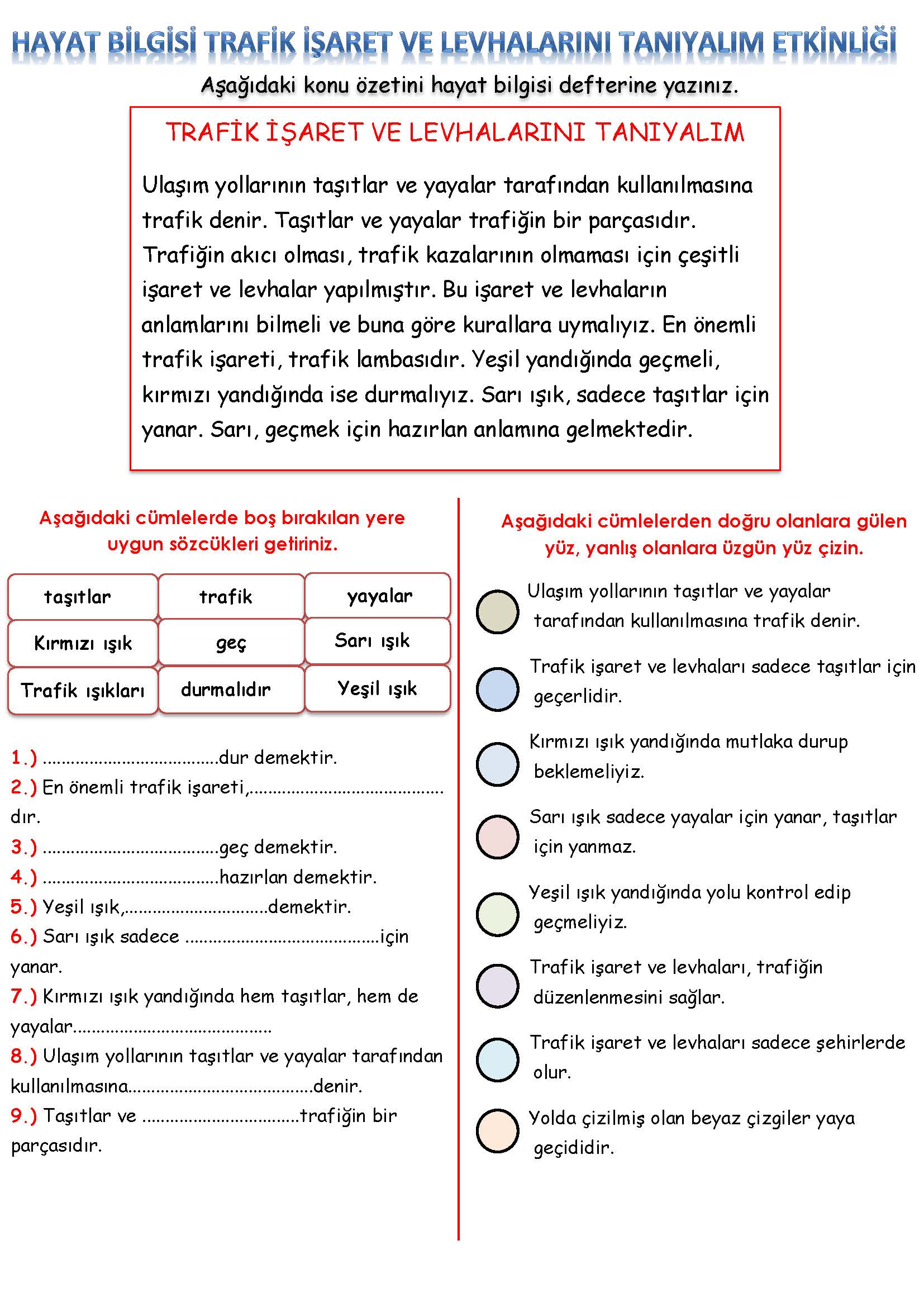 3. Sınıf Hayat Bilgisi Trafik İşaret ve Levhalarını Tanıyalım Etkinliği