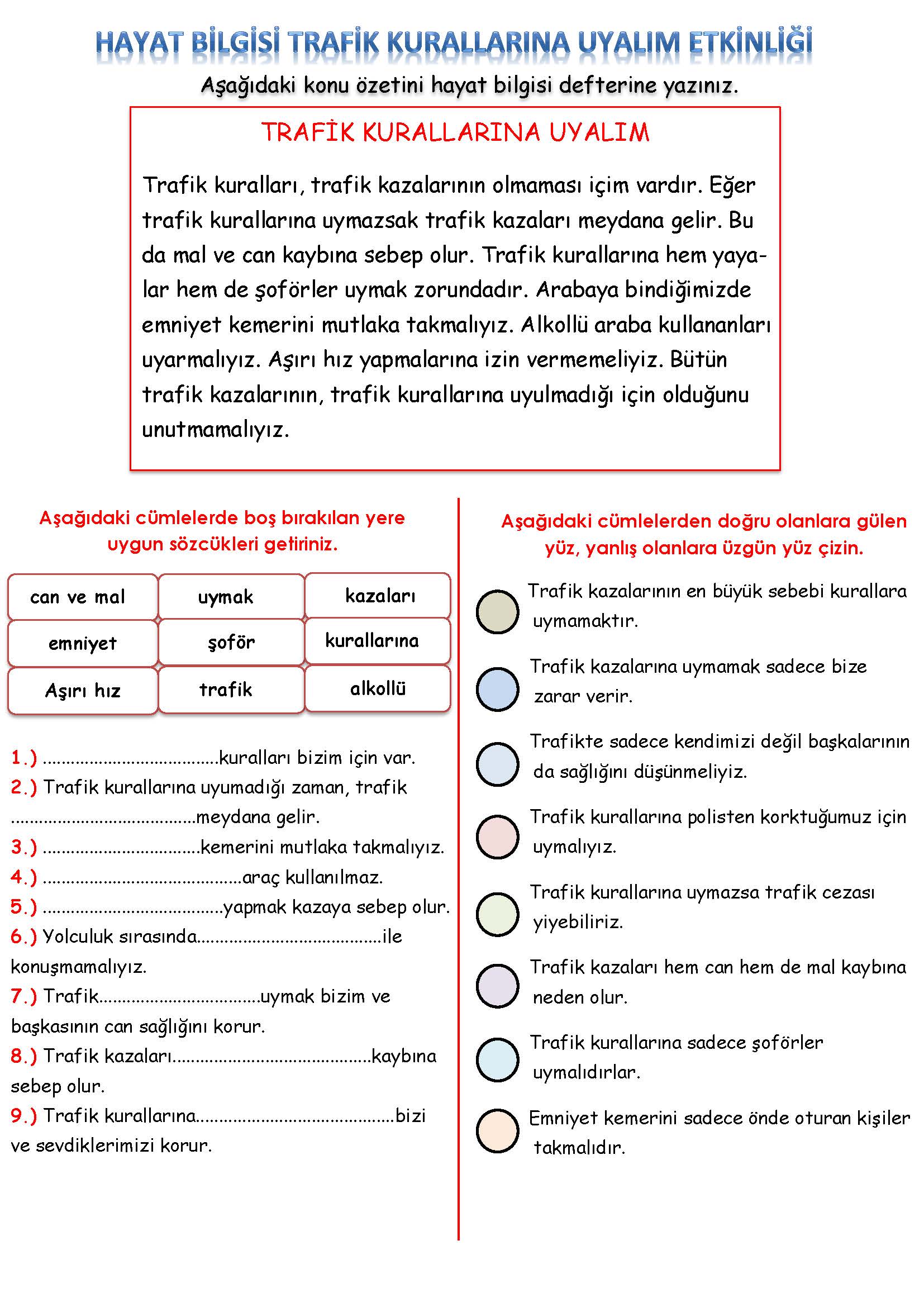 3. Sınıf Hayat Bilgisi Trafik Kurallarına Uyalım Etkinliği