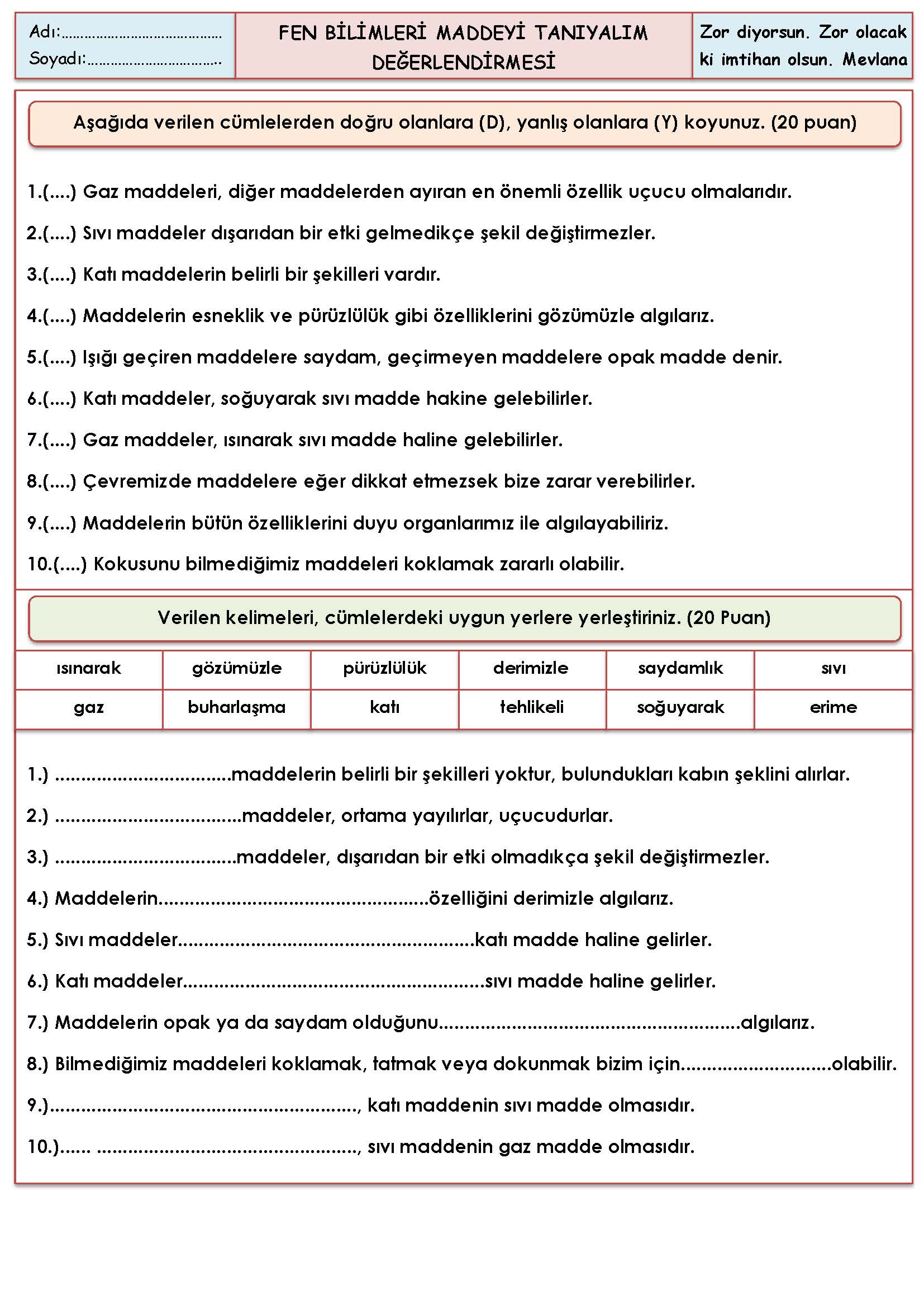 3. Sınıf Fen Bilimleri Maddeyi Tanıyalım Değerlendirmesi