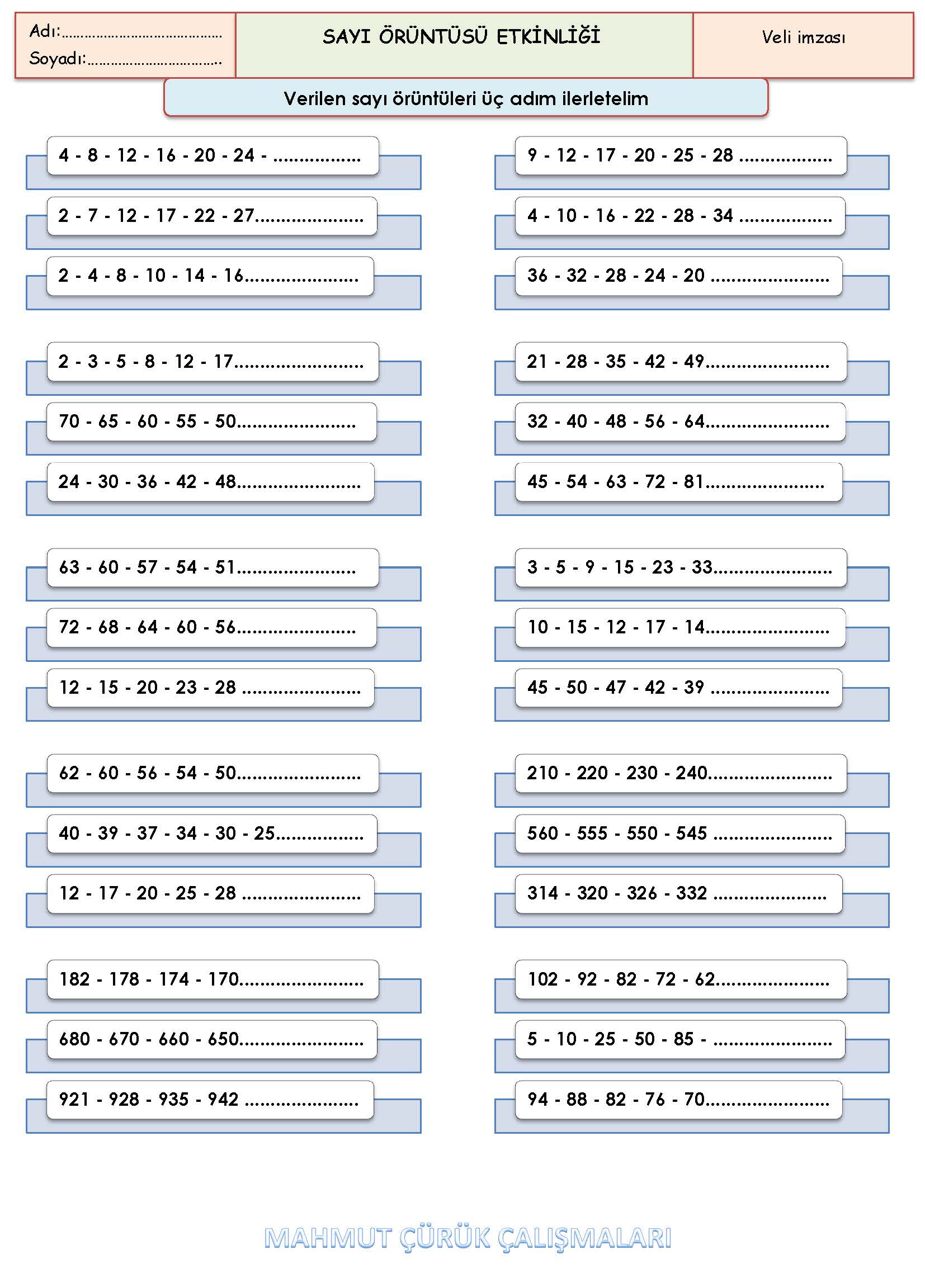 3. Sınıf Matematik Sayı Örüntüsü Etkinliği