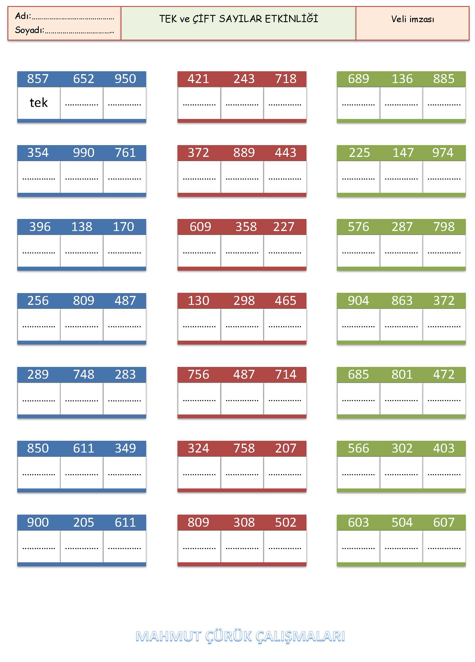 3. Sınıf Matematik Tek Çift Sayılar Etkinliği