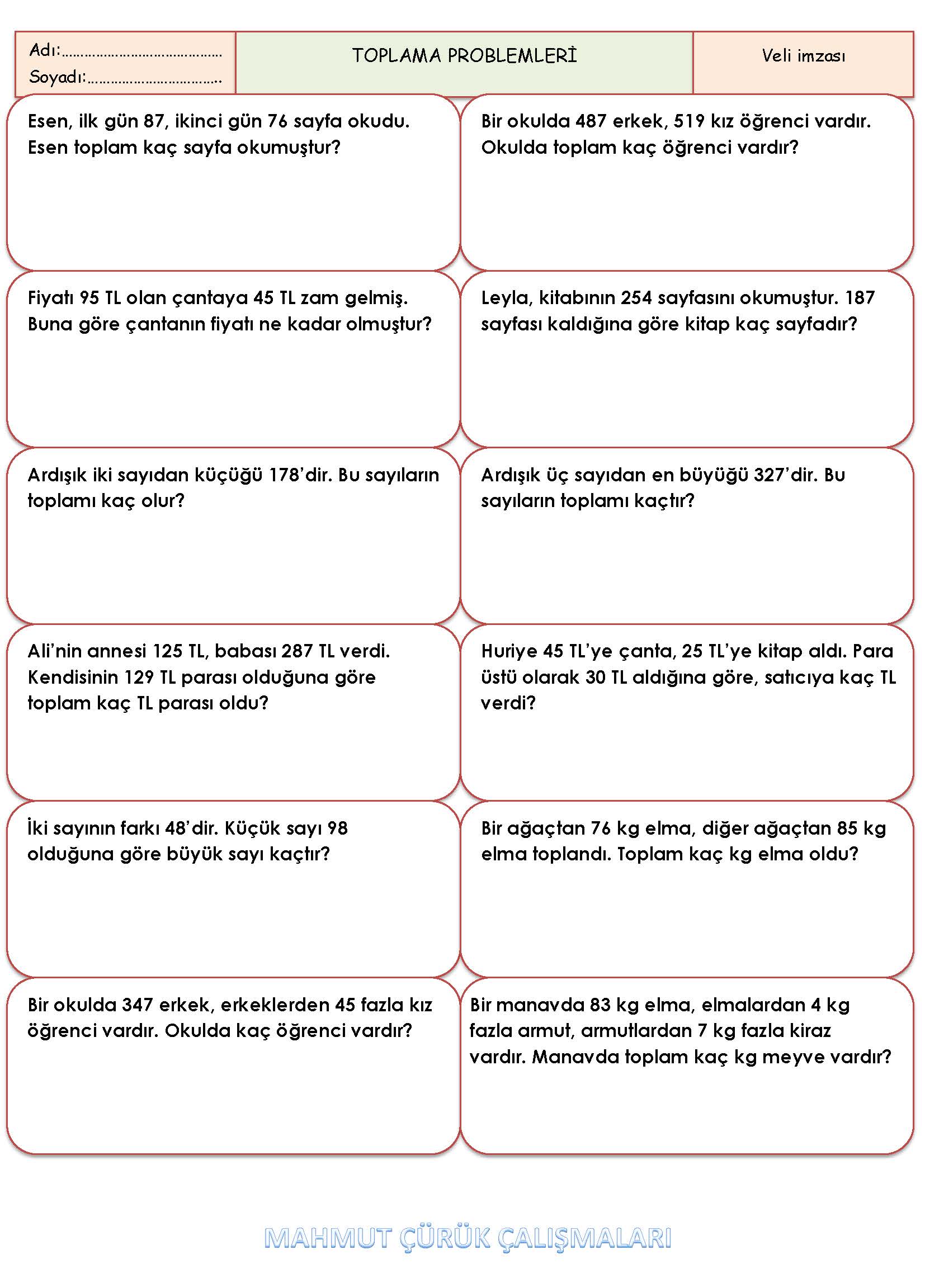 3. Sınıf Matematik Toplama Problemleri Etkinliği