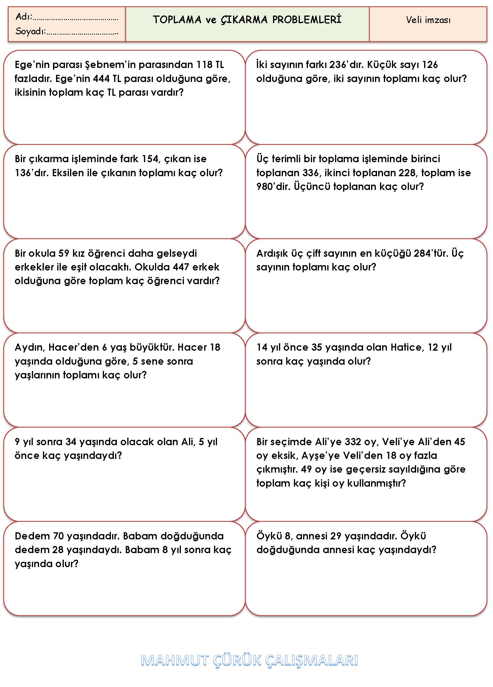 3. Sınıf Matematik Toplama ve Çıkarma Problemleri Etkinliği