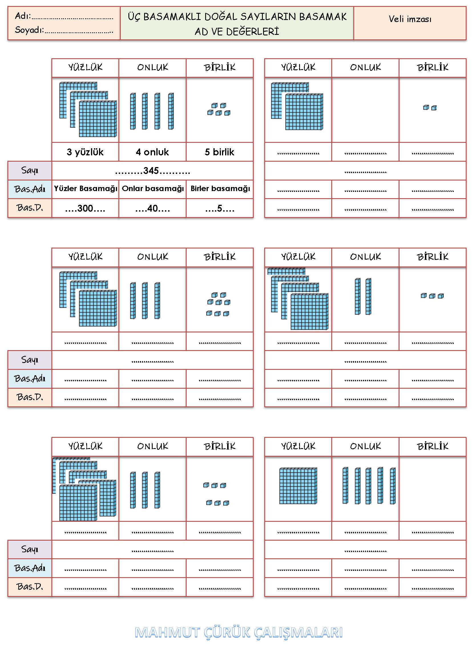 3. Sınıf Matematik Üç Basamaklı Doğal Sayıların Basamak Ad ve Değerleri Etkinliği