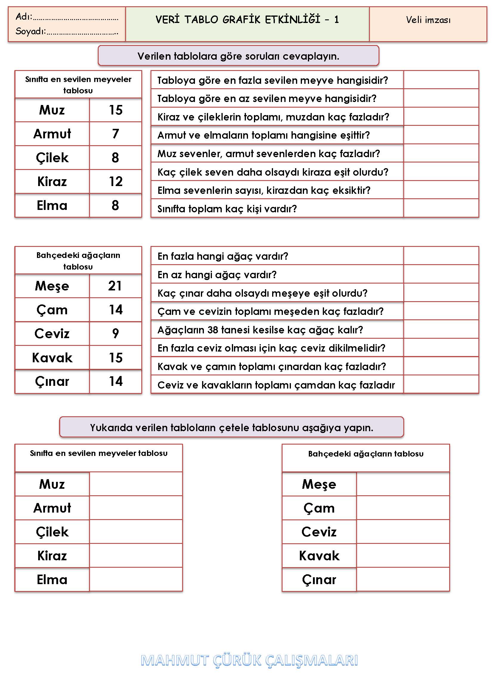 3. Sınıf Matematik Veri Tablo Grafik Etkinliği Etkinliği