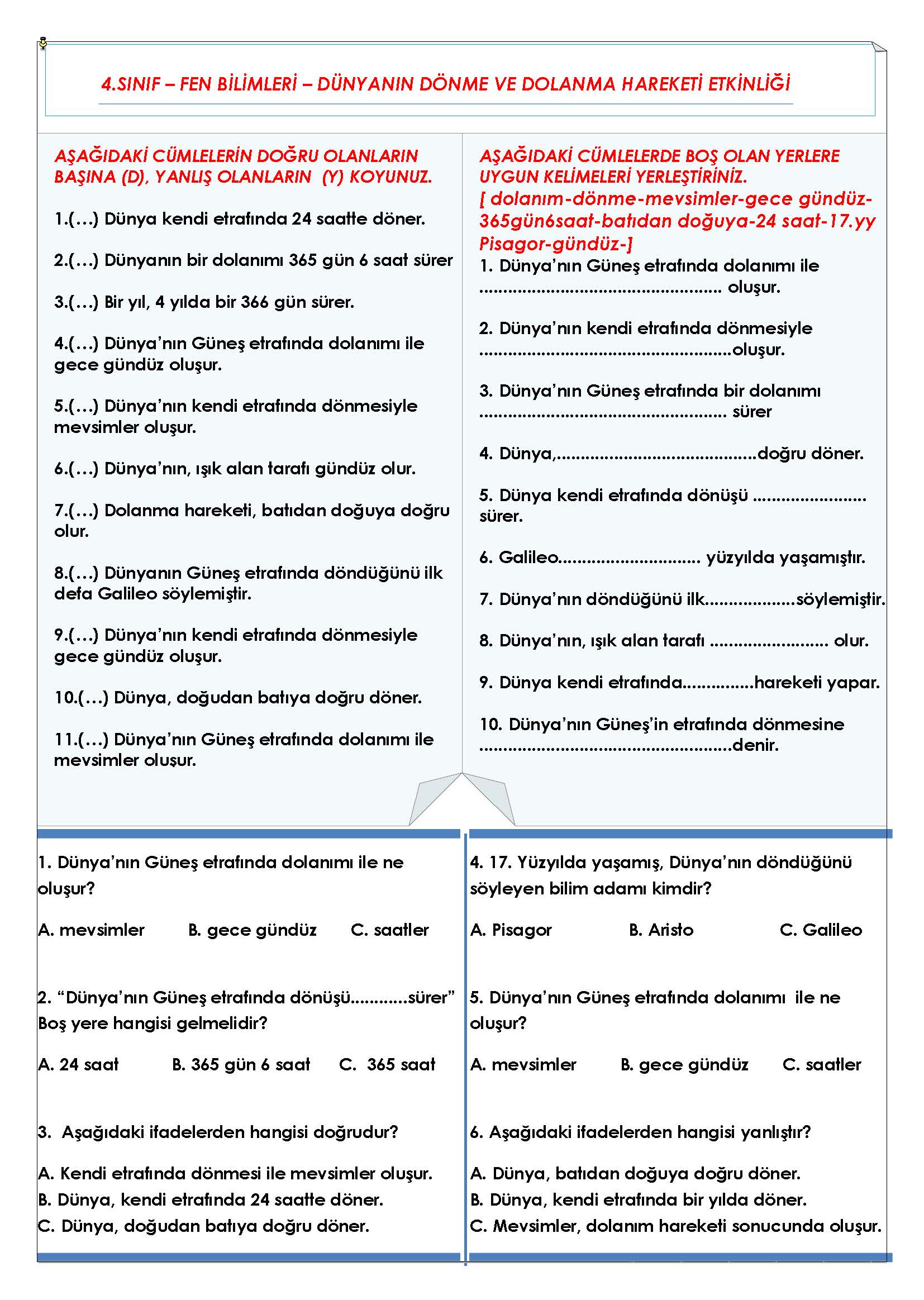 4. Sınıf Fen Bilimleri Dünyanın Dönme ve Dolanma Hareketi Etkinliği