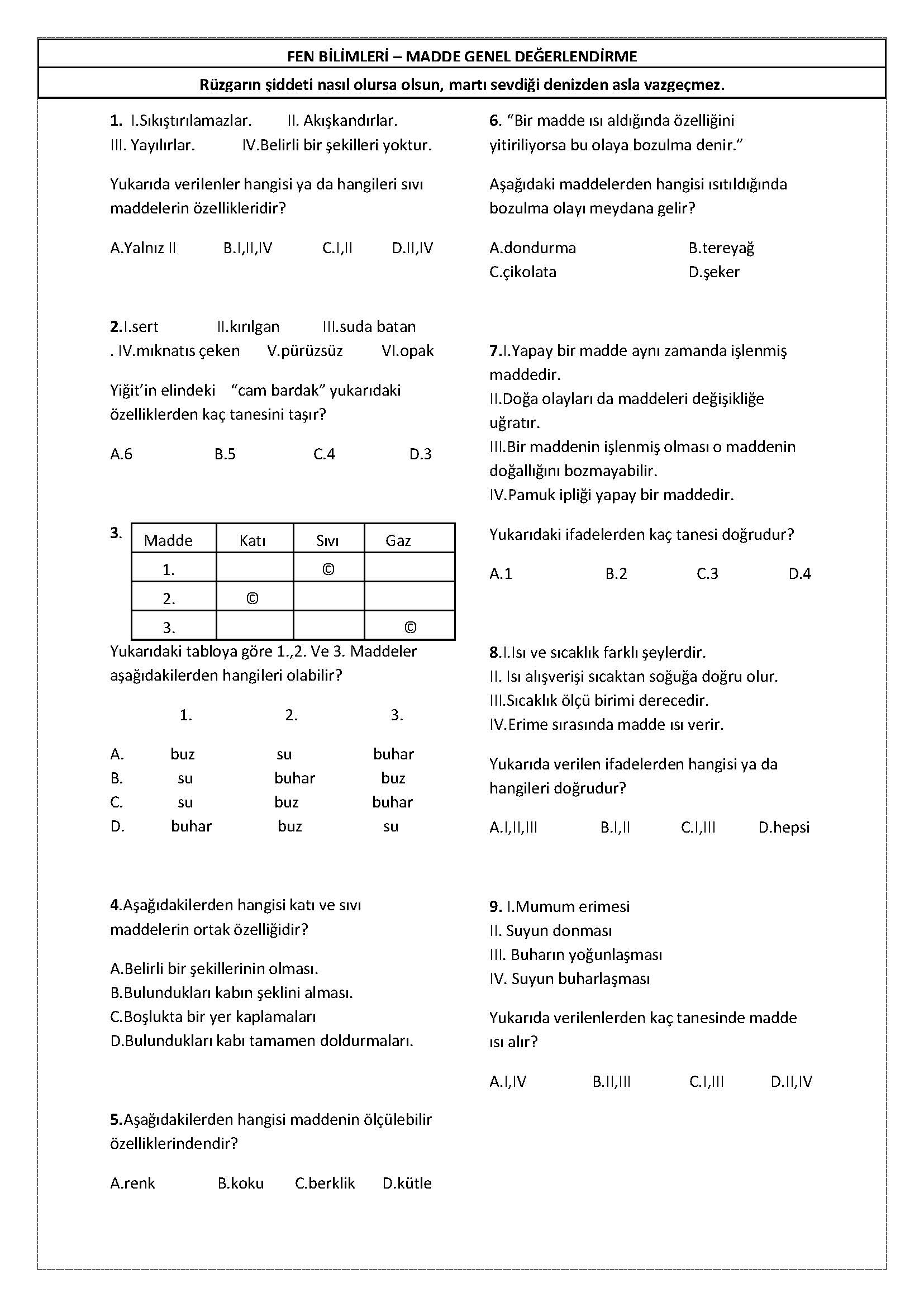 4. Sınıf Fen Bilimleri Madde Değerlendirme Testi-2