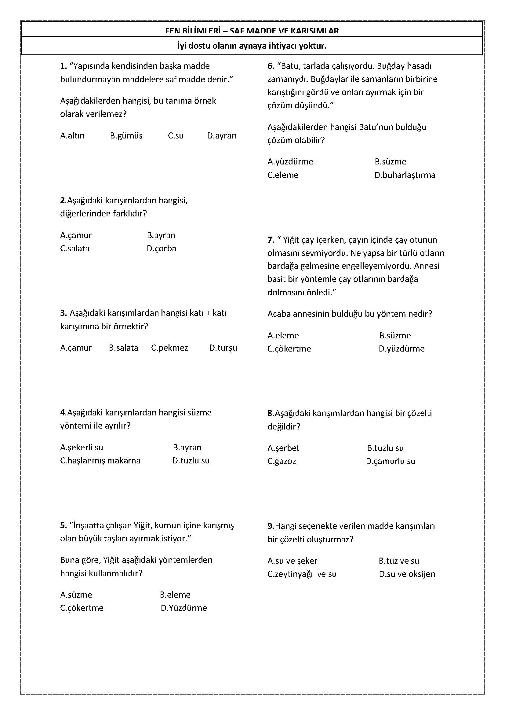 4. Sınıf Fen Bilimleri Saf Madde ve Karışımlar