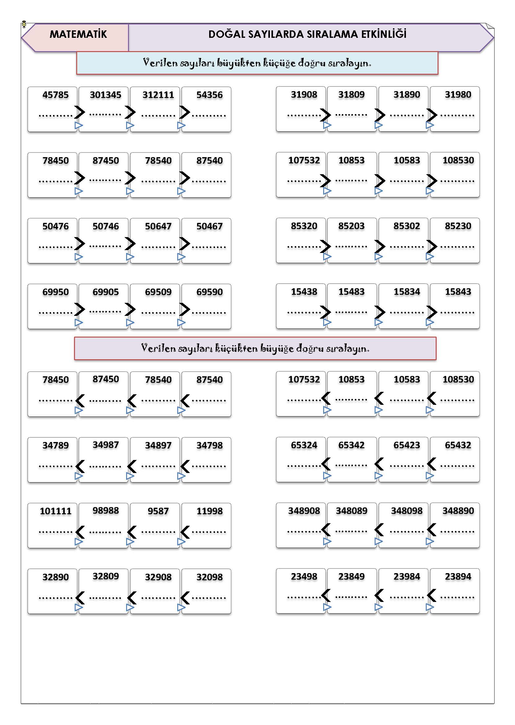 4. Sınıf Matematik Doğal Sayılarda Sıralama Etkinliği