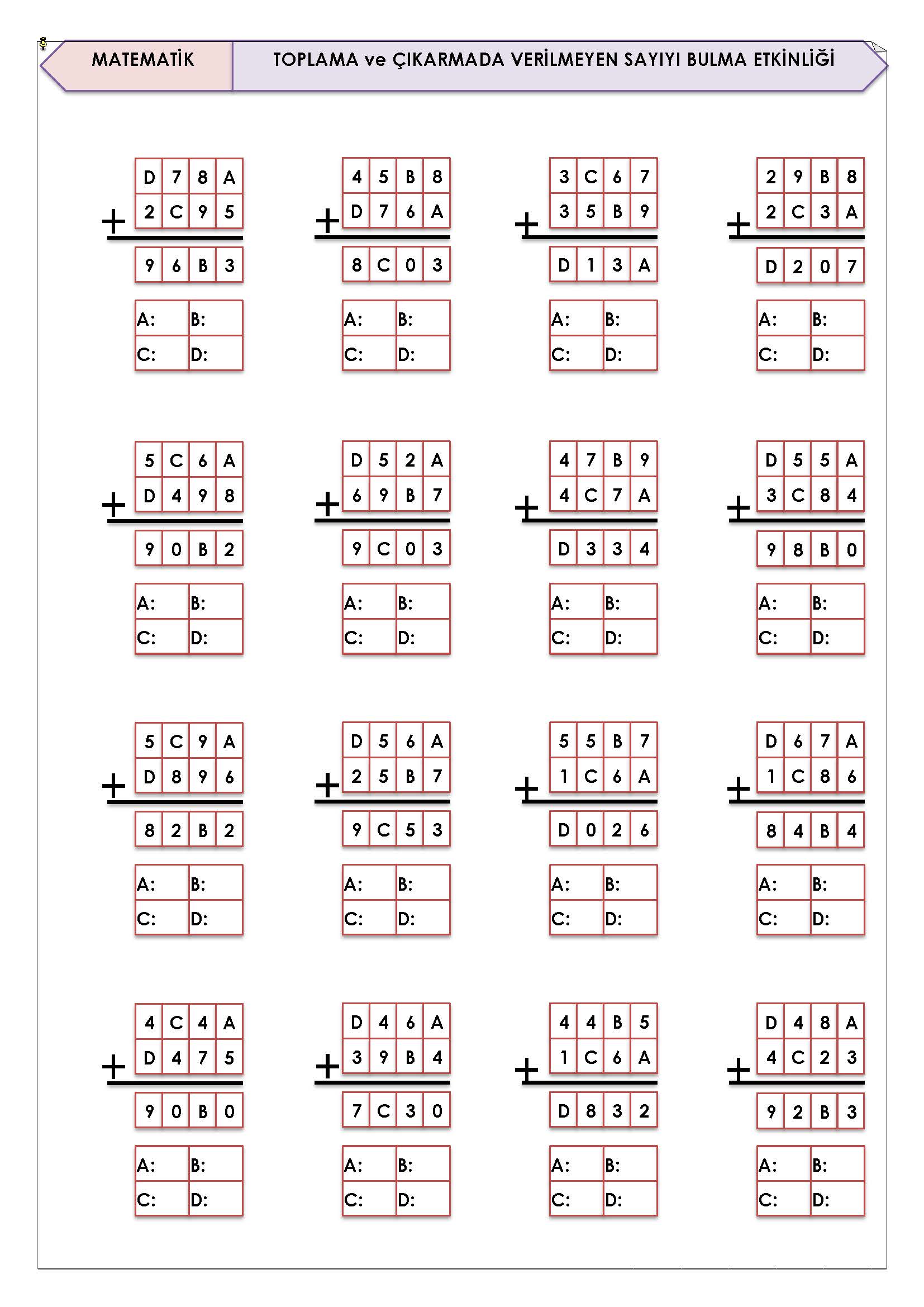 4. Sınıf Matematik Doğal Sayılarda Toplama ve Çıkarmada Verilmeyen Sayıyı Bulma Etkinliği