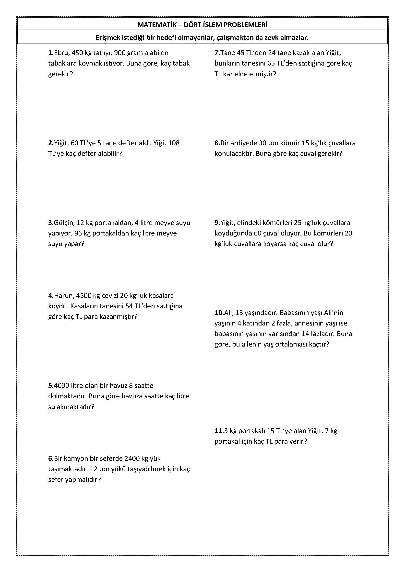 4. Sınıf Matematik Dört İşlem Problemleri -1