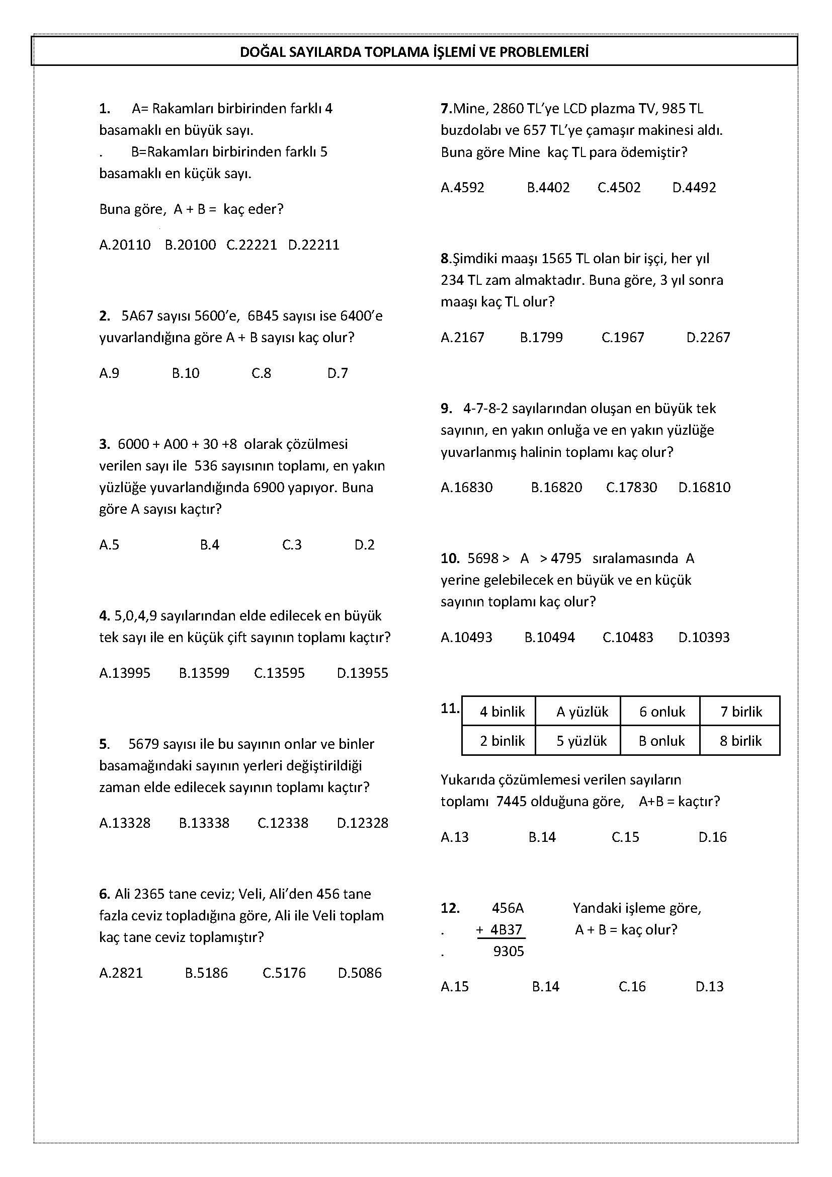 4. Sınıf Matematik Toplama İşlemi ve Problemleri