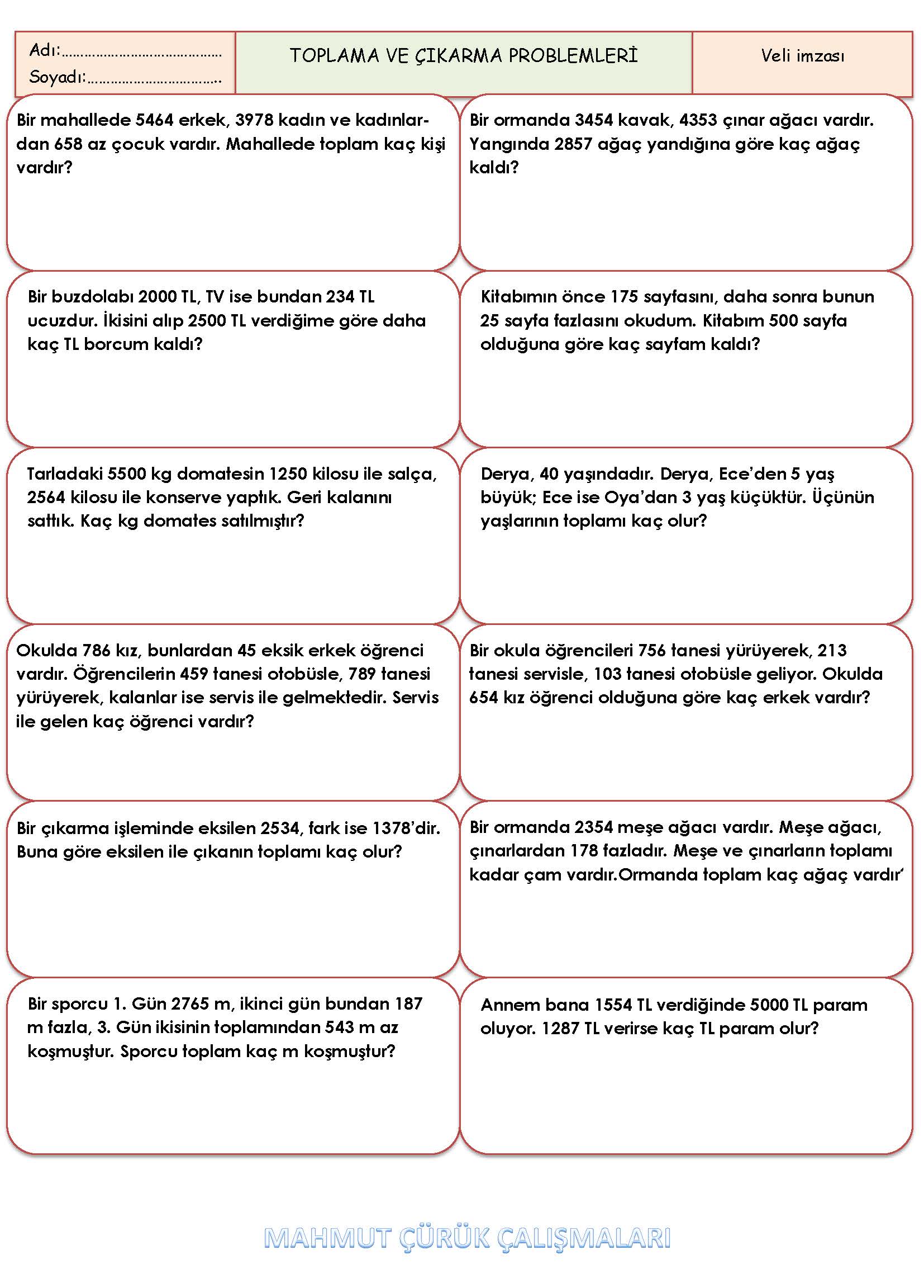 4. Sınıf Matematik Toplama ve Çıkarma Problemleri Etkinliği