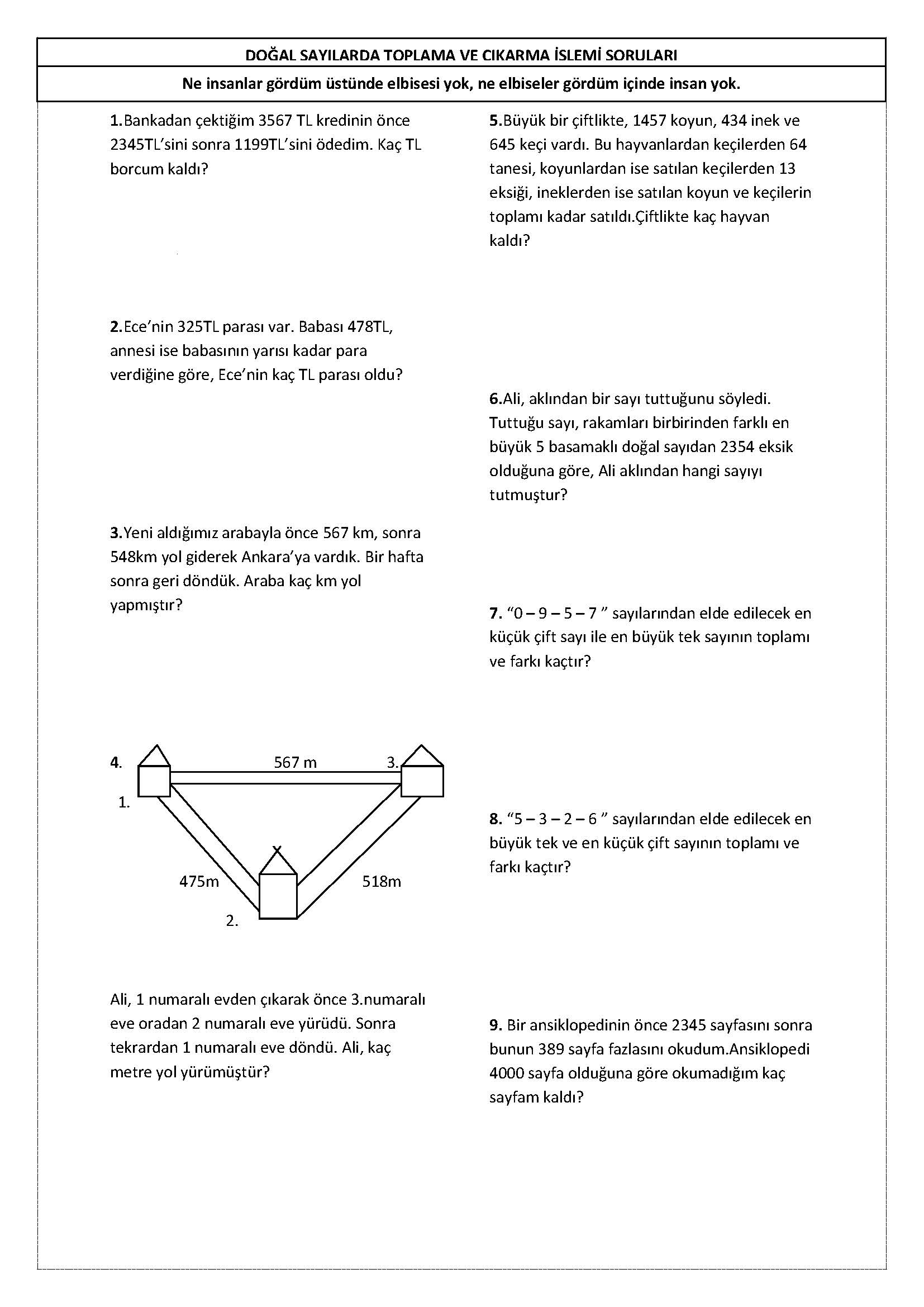 4. Sınıf Matematik Toplama ve Çıkarma Problemleri