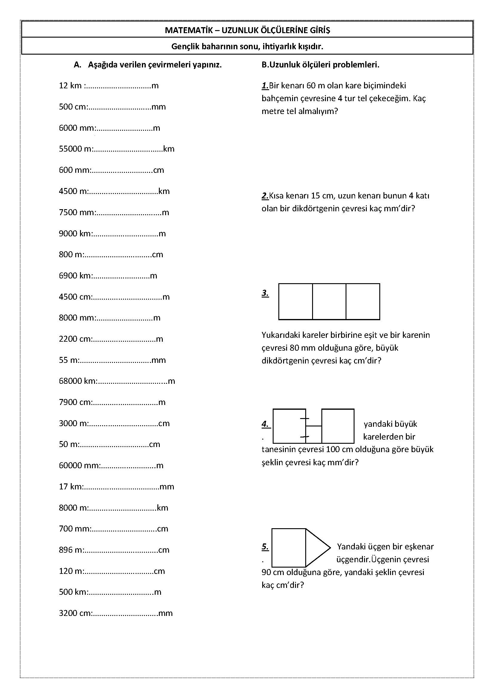 4. Sınıf Matematik Uzunluk Ölçüleri Etkinliği-2