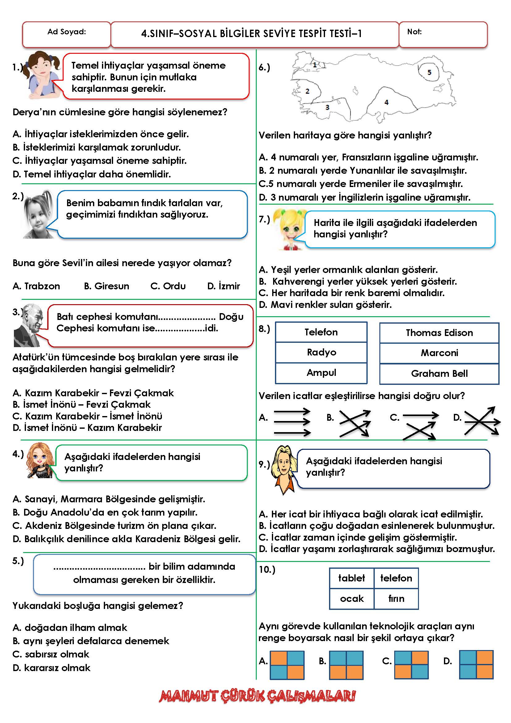 4. Sınıf Sosyal Bilgiler  Değerlendirme Testi -1