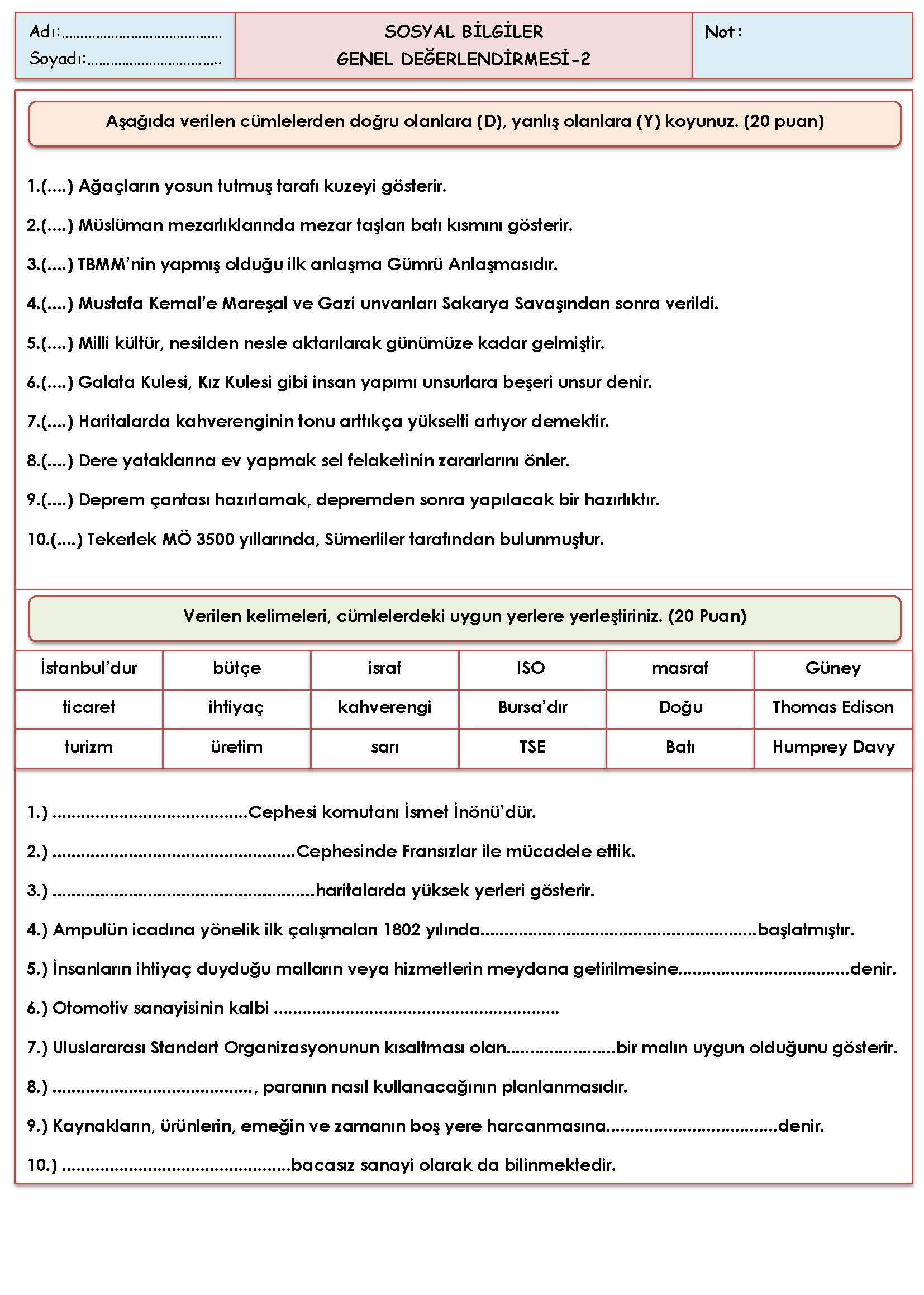 4. Sınıf Sosyal Bilgiler Genel Değerlendirmesi-2