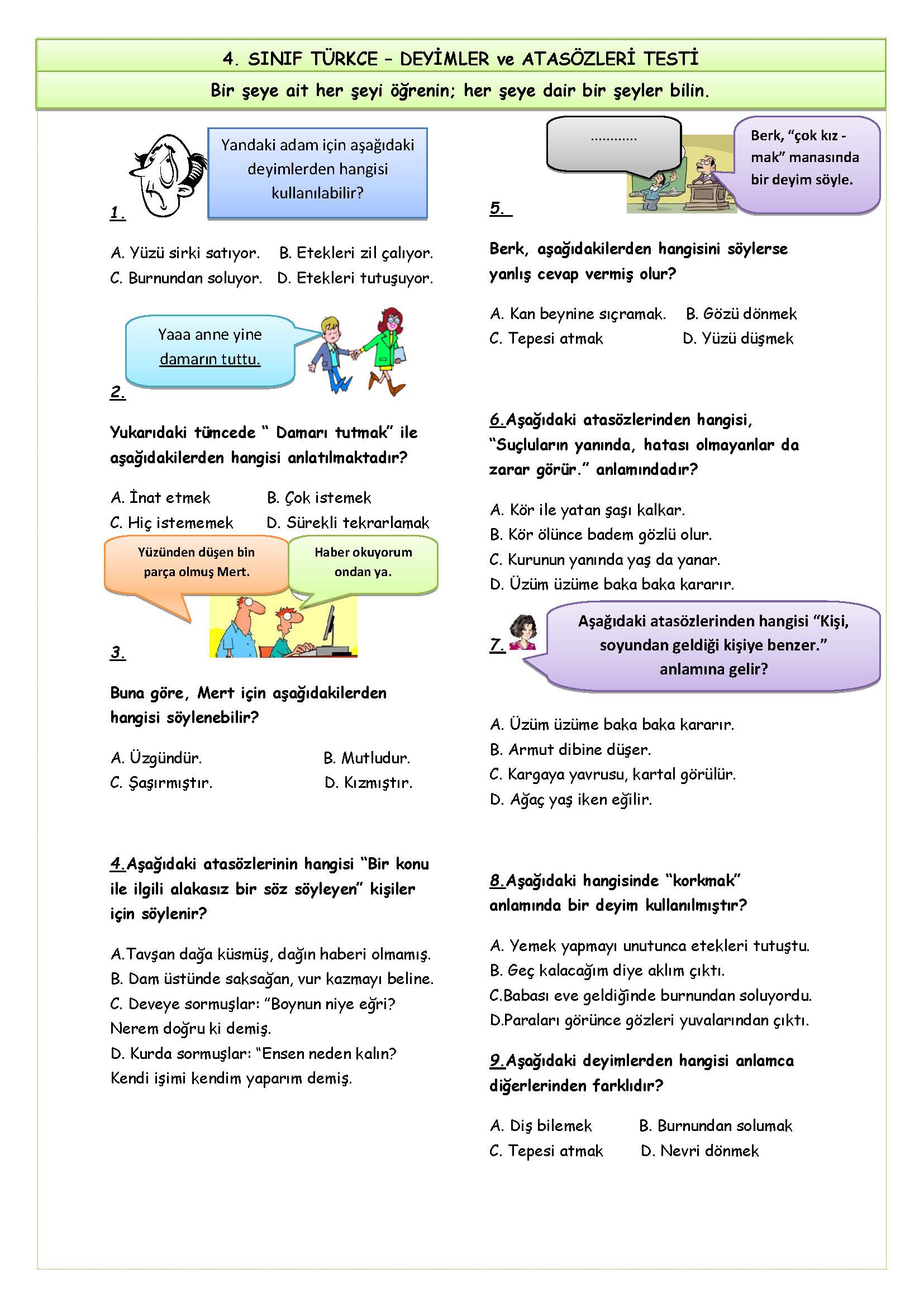 4. Sınıf Türkçe Deyimler ve Atasözleri Testi