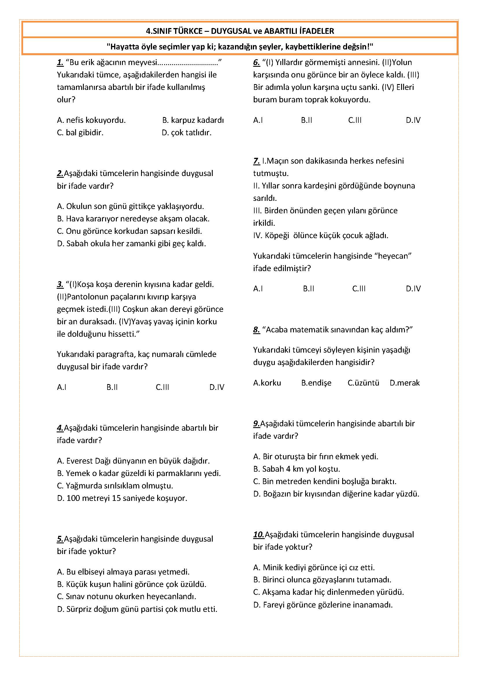 4. Sınıf Türkçe Duygusal ve Abartılı İfadeler