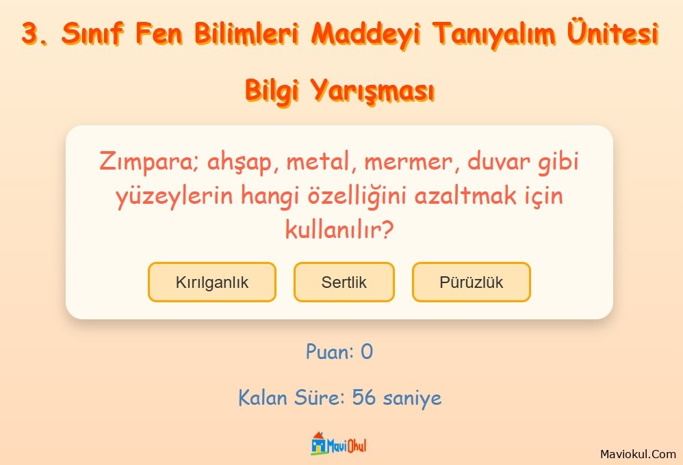 3. Sınıf Fen Bilimleri Maddeyi Tanıyalım Ünitesi Bilgi Yarışması